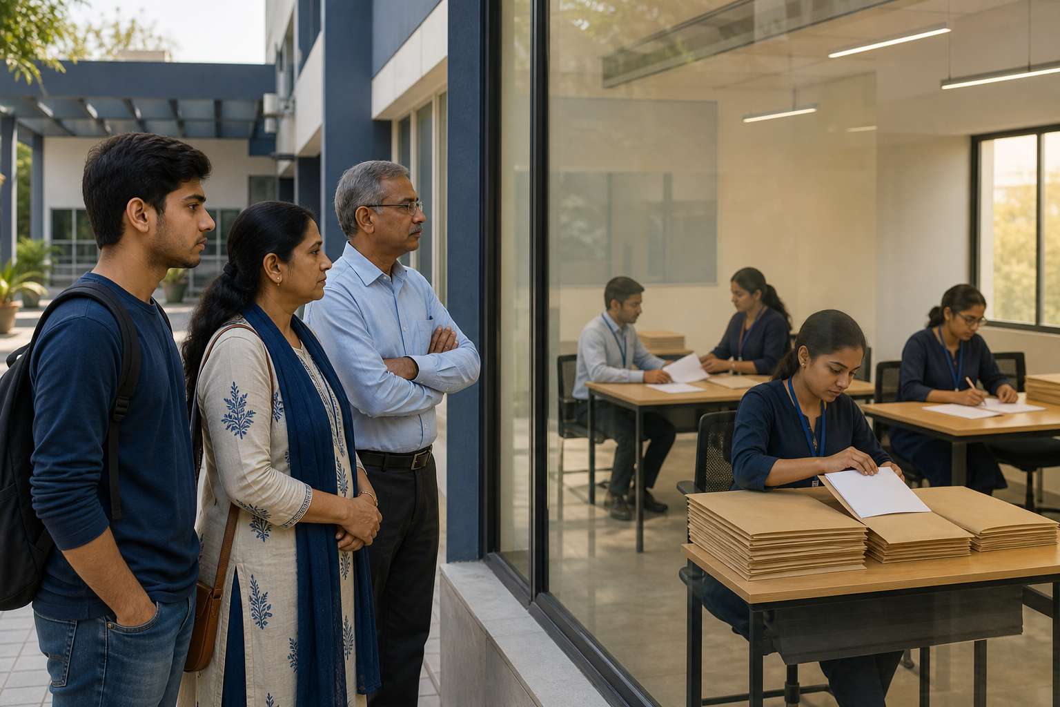 A student, parent and citizen observe staff securing answer sheets, assisting a candidate and reviewing an examination incident through a glass-walled area.