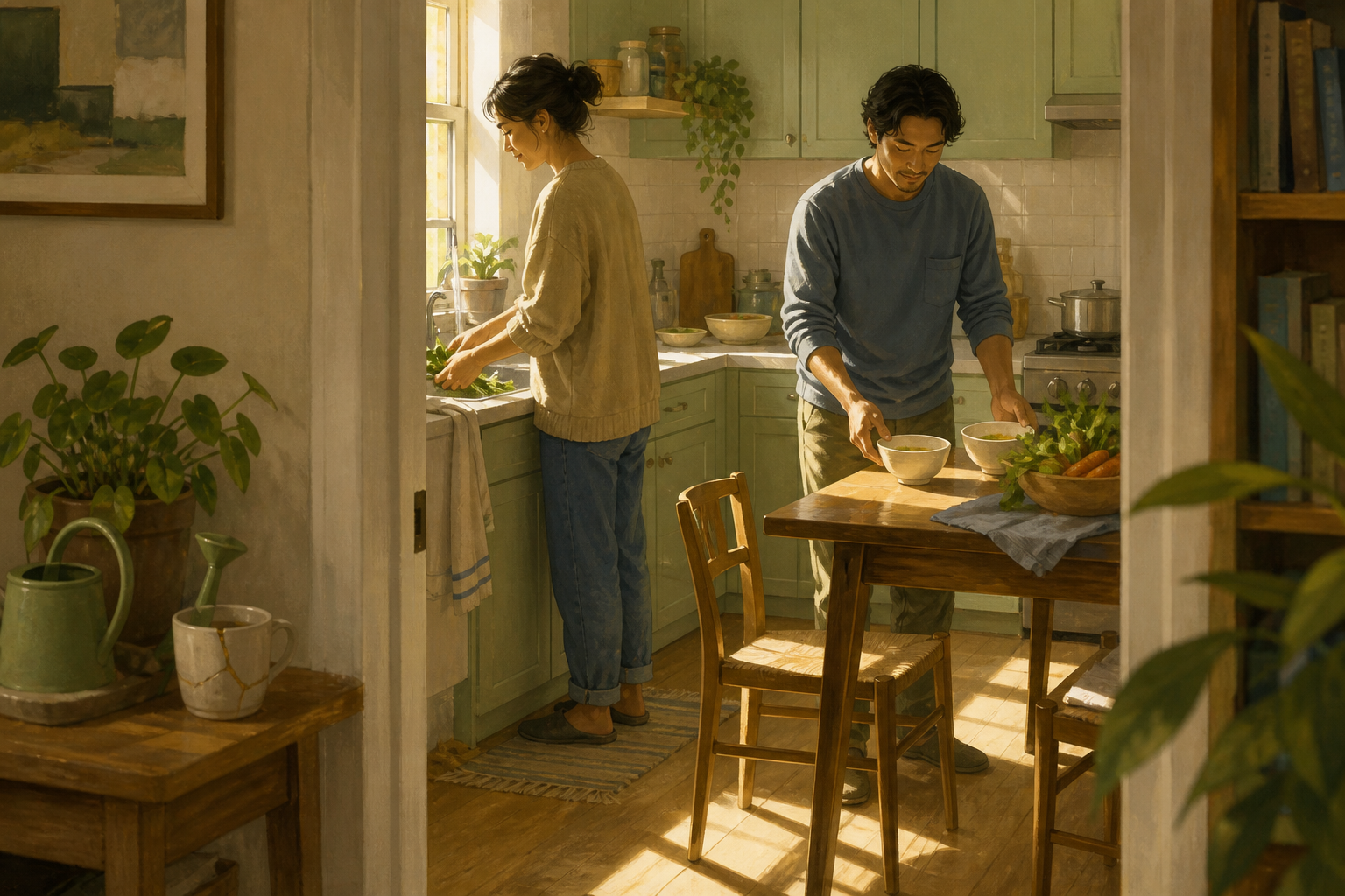 Two adults comfortably share meal preparation in a sunlit kitchen, with one washing vegetables and the other setting bowls on a table.