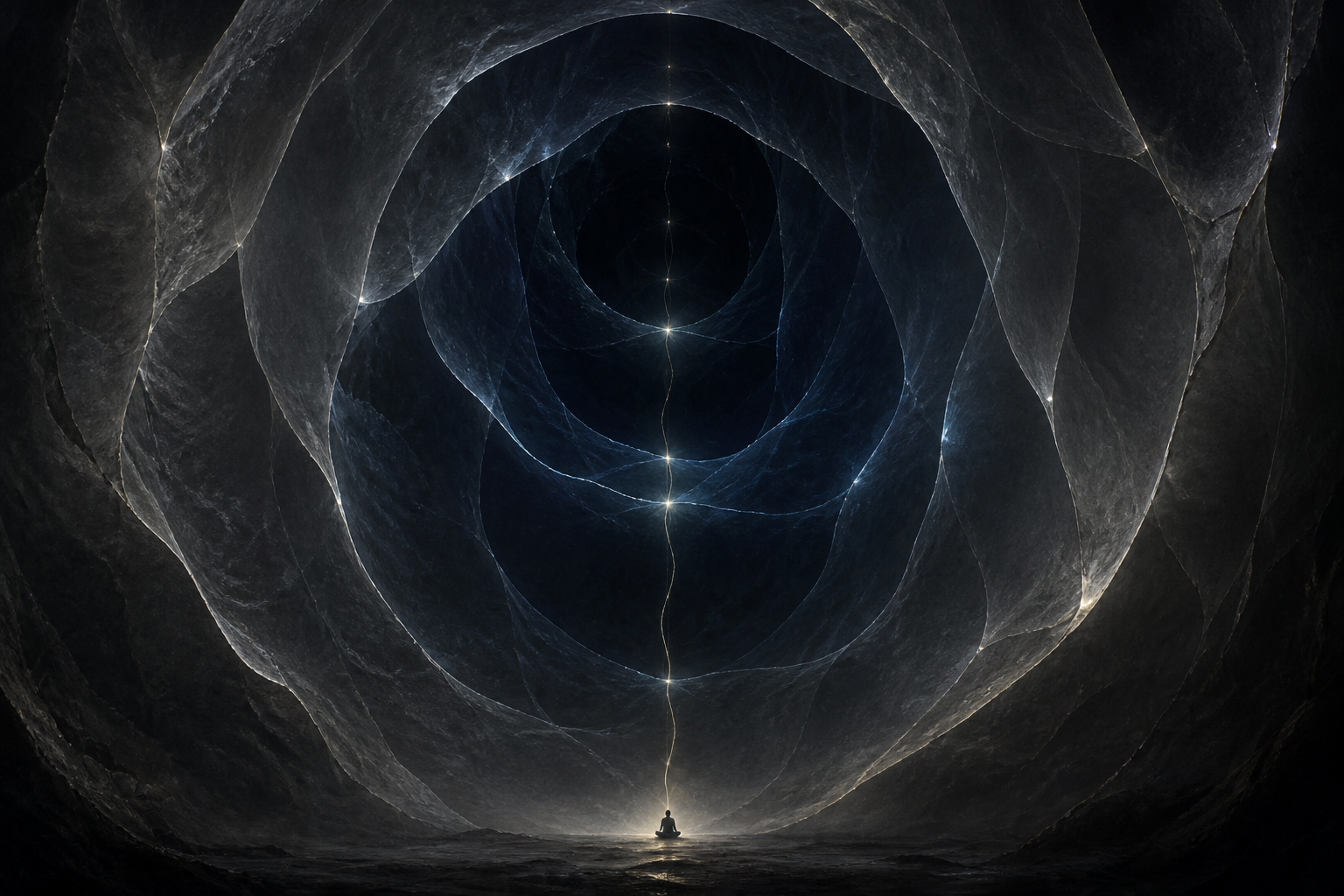 A tiny meditator sits before layered dark spaces pierced by a slender white-gold current of light.