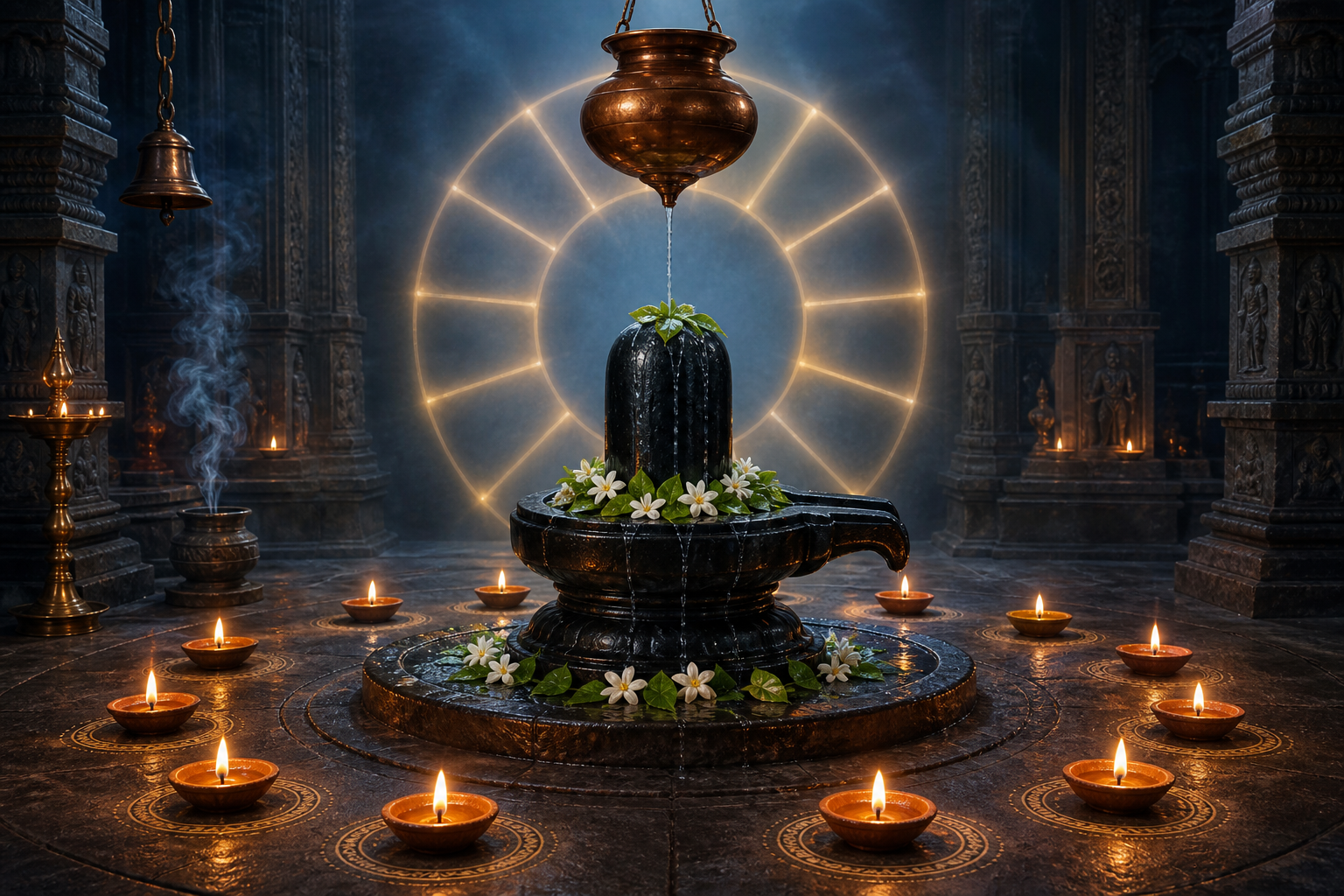 A black stone Shiva lingam decorated with bilva leaves and white flowers, surrounded by twelve glowing oil lamps in a temple sanctum.