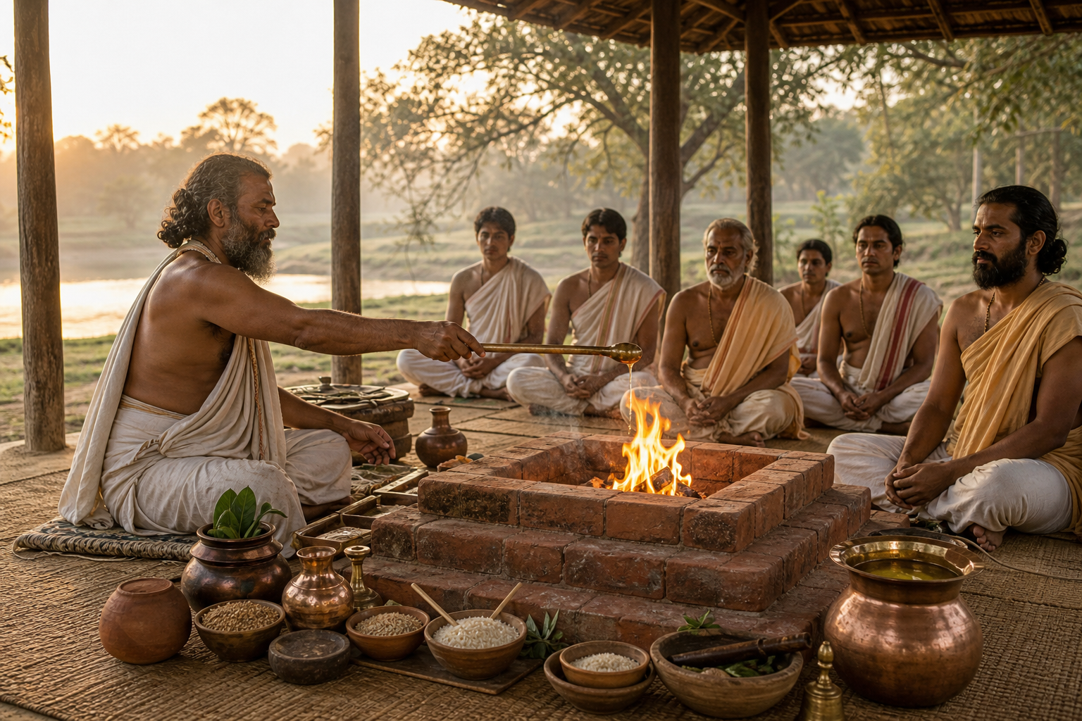 A Vedic ritual officiant offers clarified butter from a wooden ladle into a square brick fire altar while participants and vessels of grain sit nearby.