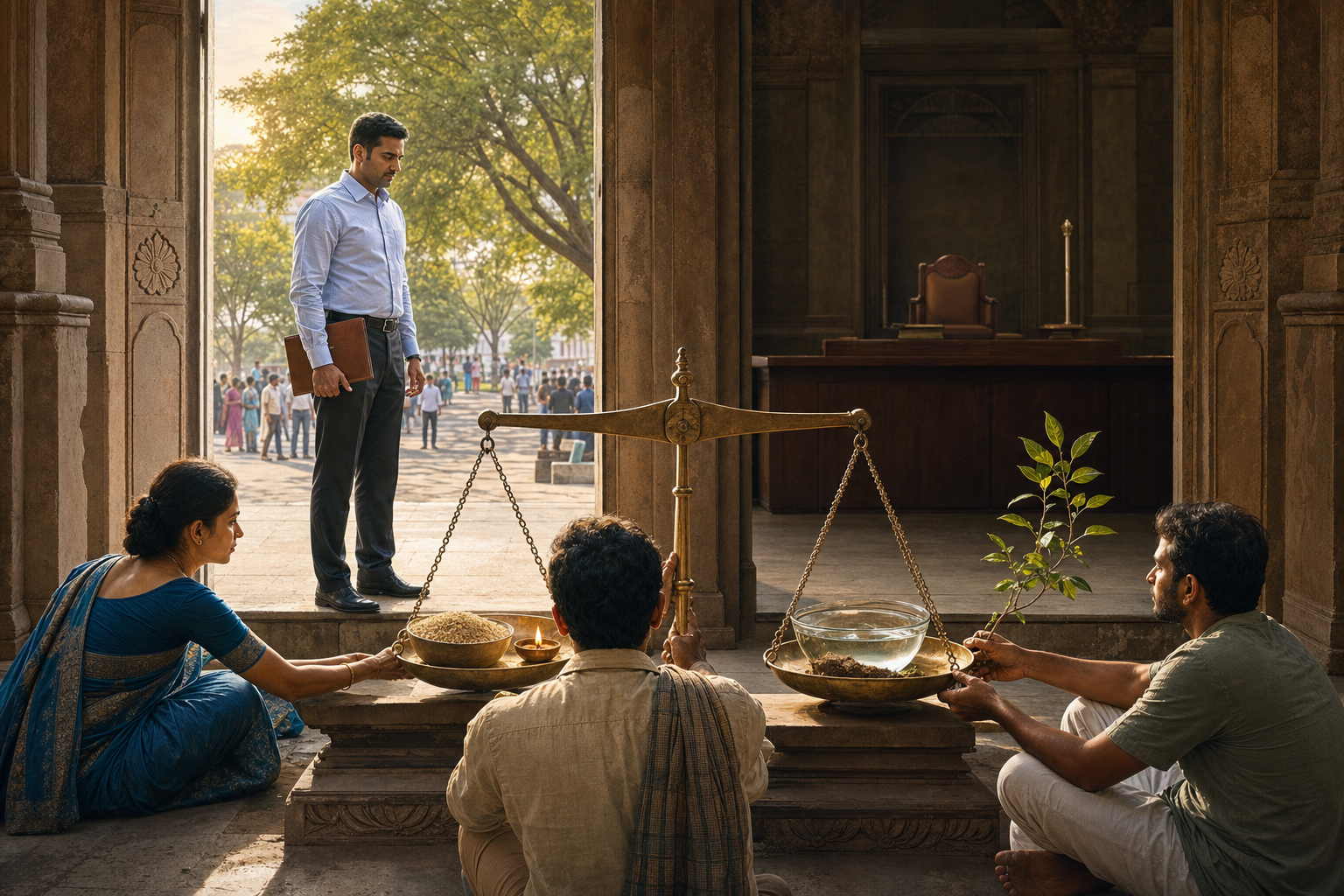 A public officeholder pauses before a balanced stone scale holding grain, a lamp, river water, and a sapling at the entrance to a civic assembly pavilion.