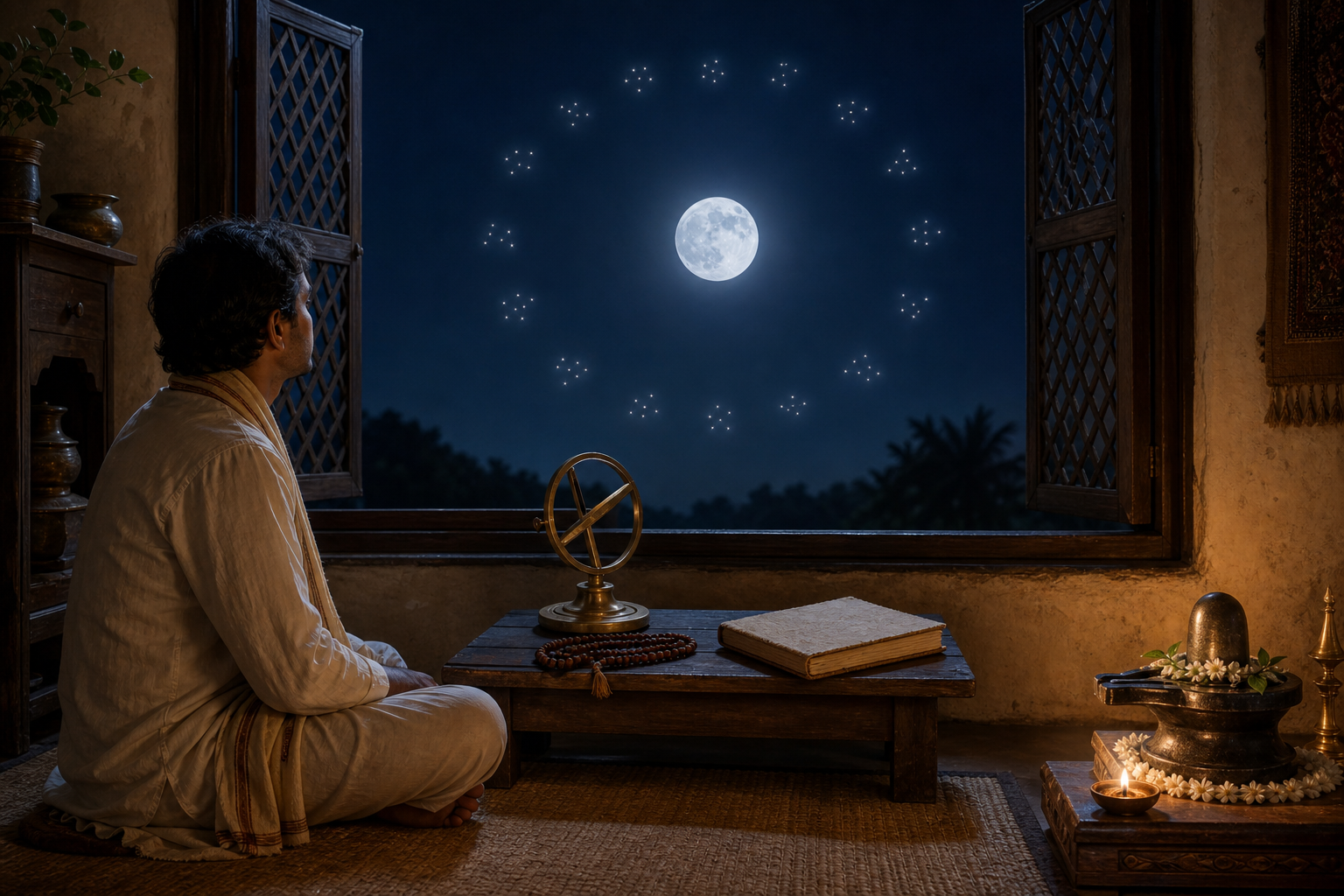 A devotee holding rudraksha beads sits on a temple veranda at dawn, with a cloth-wrapped almanac nearby and the moon and faint stars visible beyond the pillars.