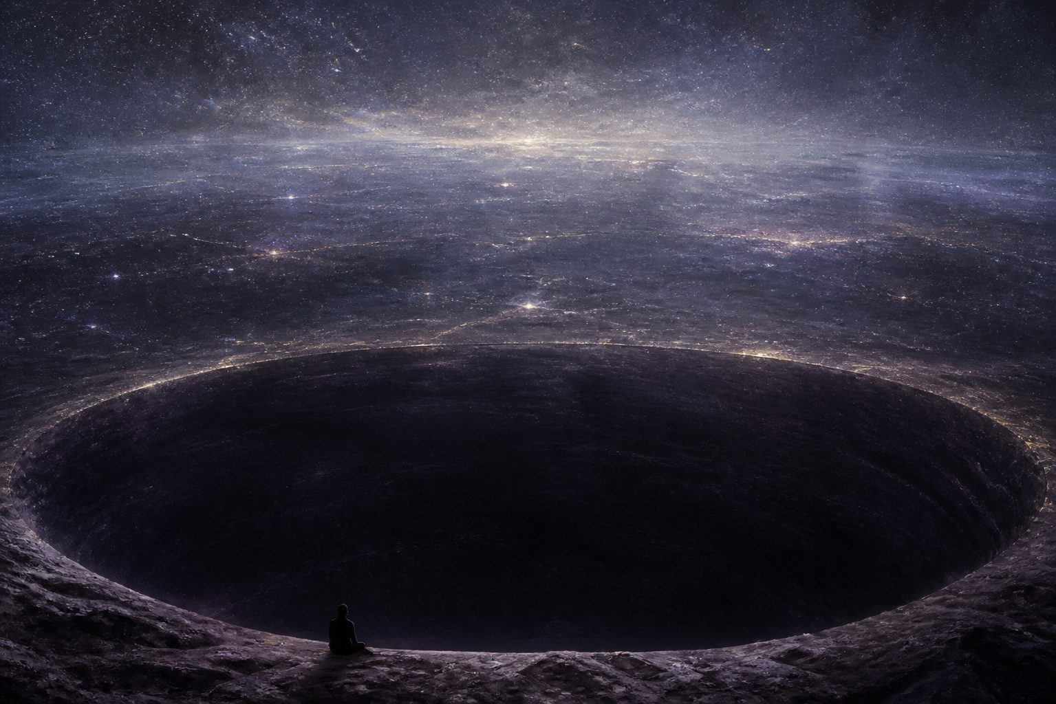 A tiny seated figure faces a vast dark circular abyss whose faint outer rim opens onto an even more boundless luminous space.