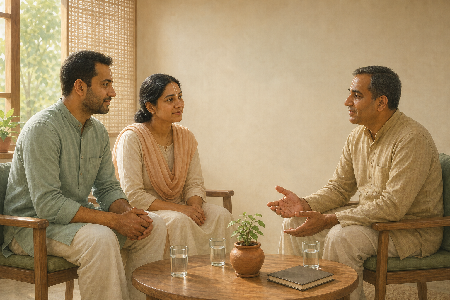 A Vaishnava husband and wife sit in a quiet consultation room while a community care volunteer listens attentively.