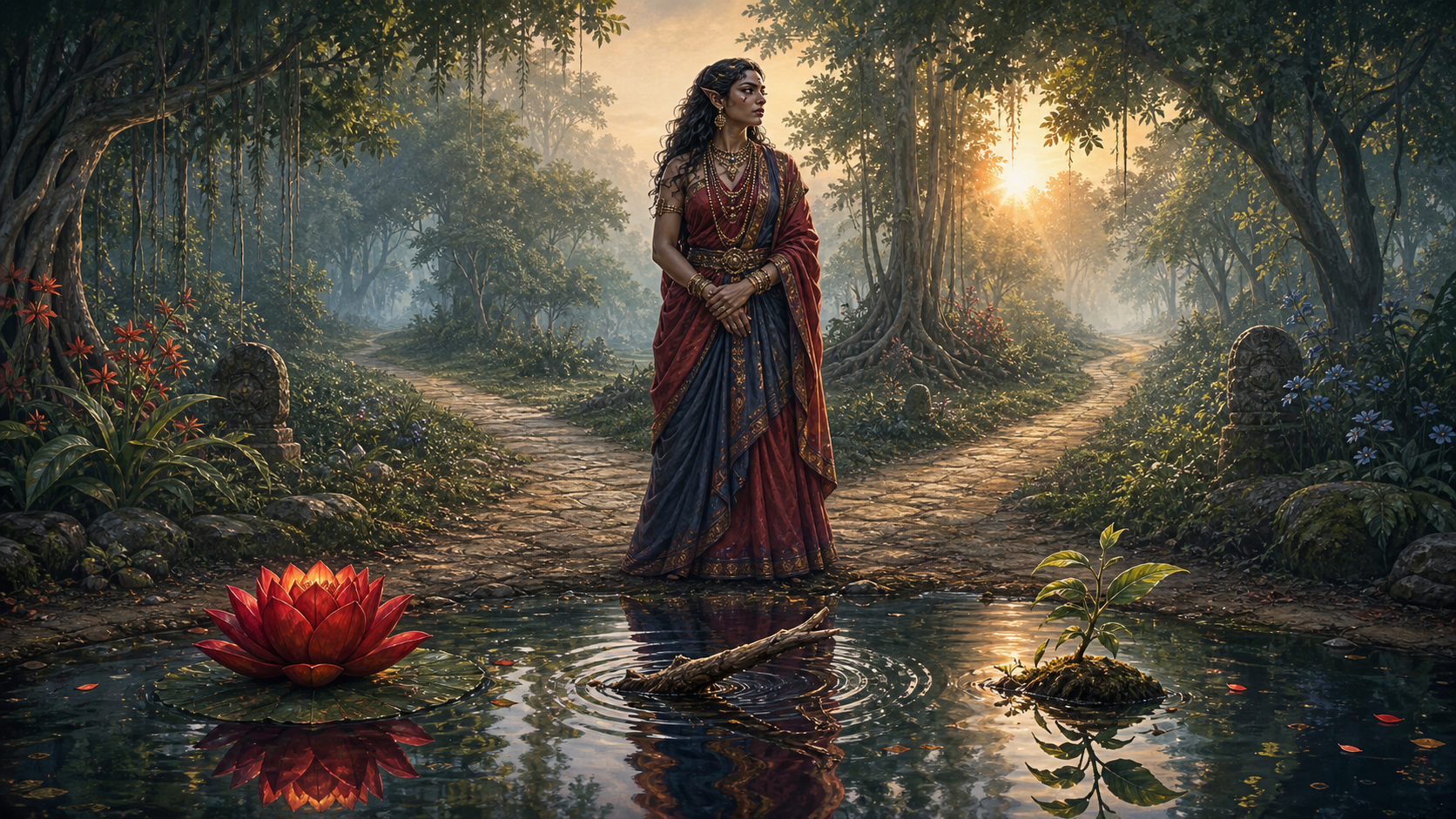 Surpanakha stands beside a reflective forest pool with a red lotus, a broken branch, a green shoot, and several paths visible in the dawn mist.