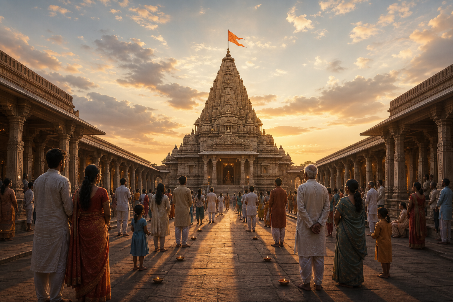 Stone pathways and rows of lamps lead worshippers through a temple courtyard toward a saffron flag above the central shikhara.