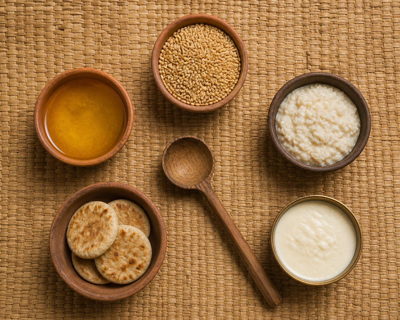 Five separate vessels contain clarified butter, whole grain, cooked cereal, plain grain cakes, and a pale dairy preparation beside a wooden ladle.