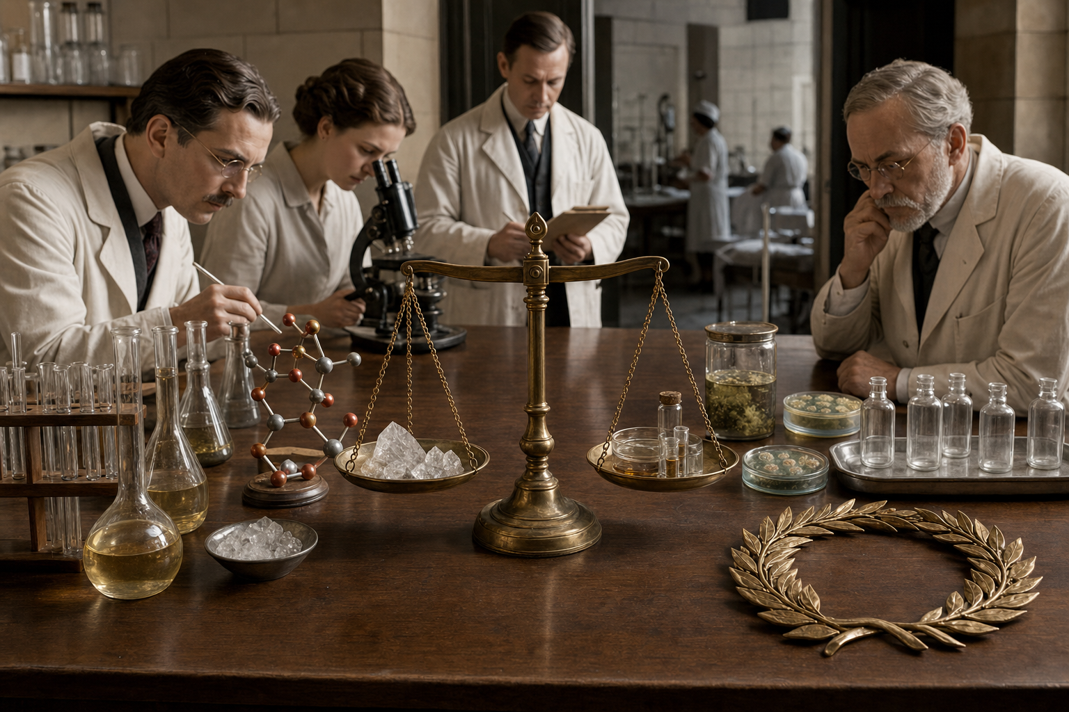 A laboratory table traces a path from biochemical experiments to unlabelled medicines, with a brass balance weighing research objects beside an unused laurel wreath.