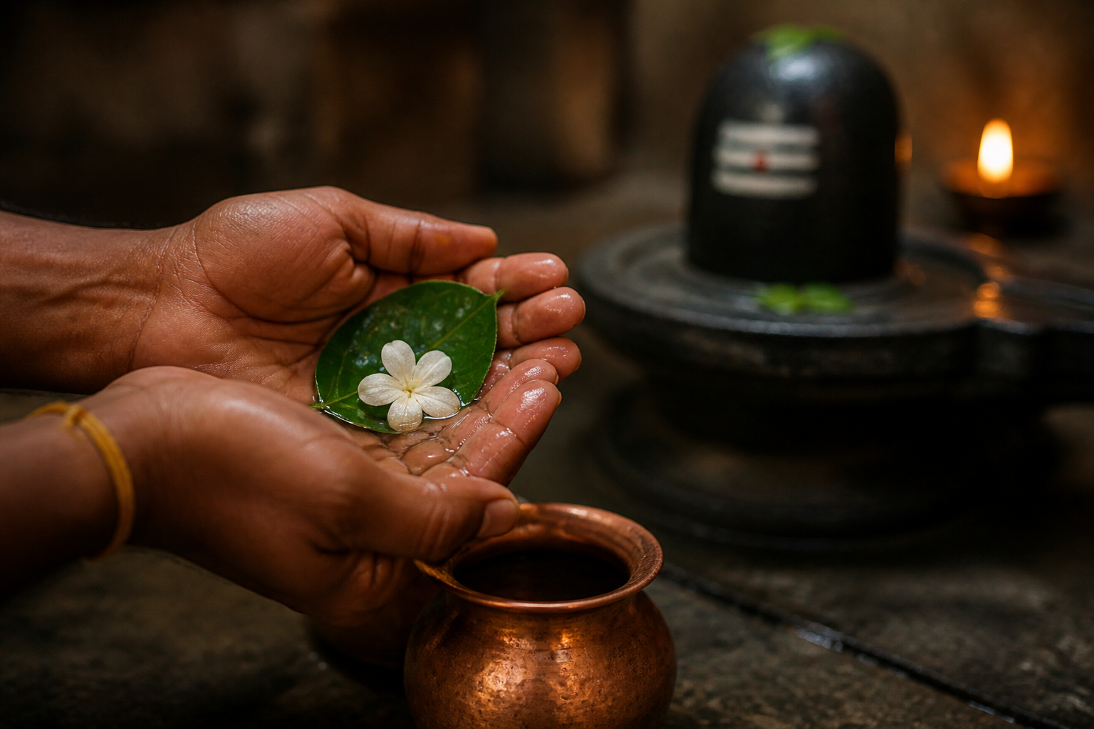 A devotee's cupped hands hold water, a bilva leaf, and a white flower above a copper vessel, with a Shiva lingam softly visible in the background.