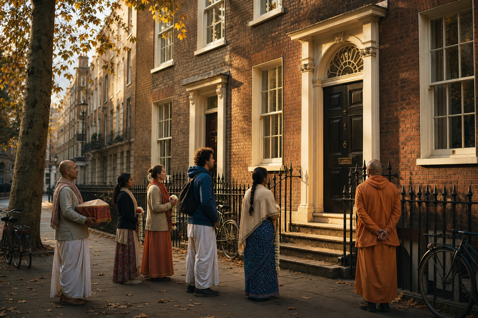 Devotees and supporters gather outside a closed Georgian townhouse on a quiet Bloomsbury street in London.