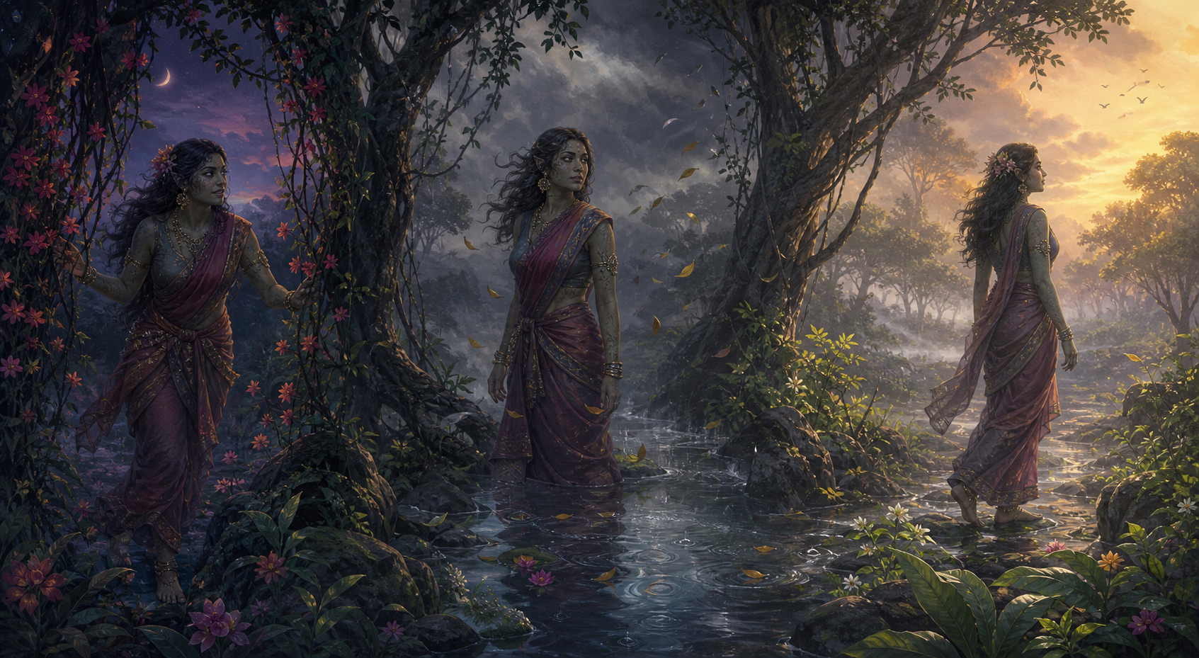 Three translucent views of Surpanakha appear across one forest landscape, moving from flowering vines through a windblown poolside scene toward a grove with new leaves.