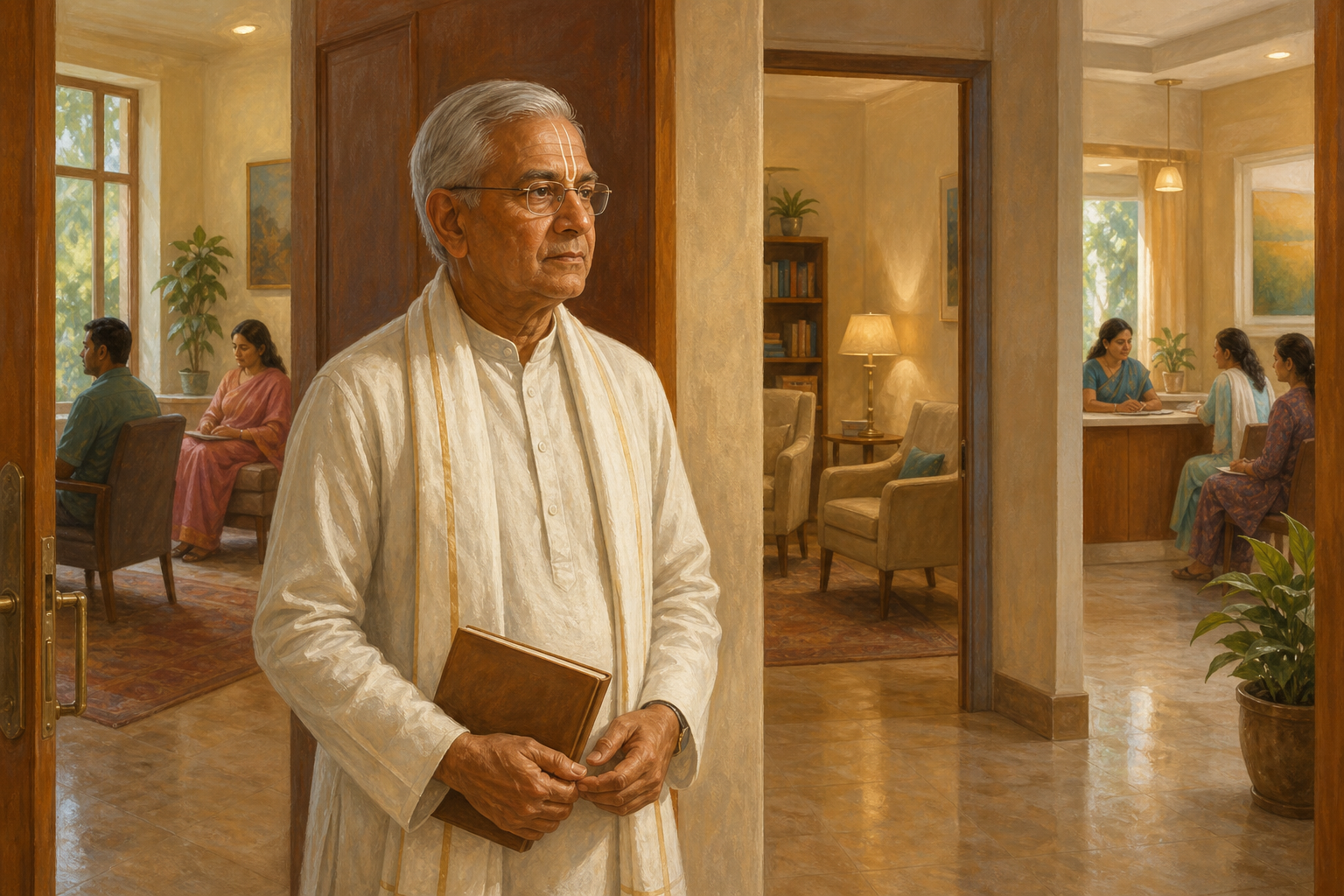 A senior Vaishnava volunteer pauses outside a private meeting room while a couple waits inside and several care settings appear in the background.