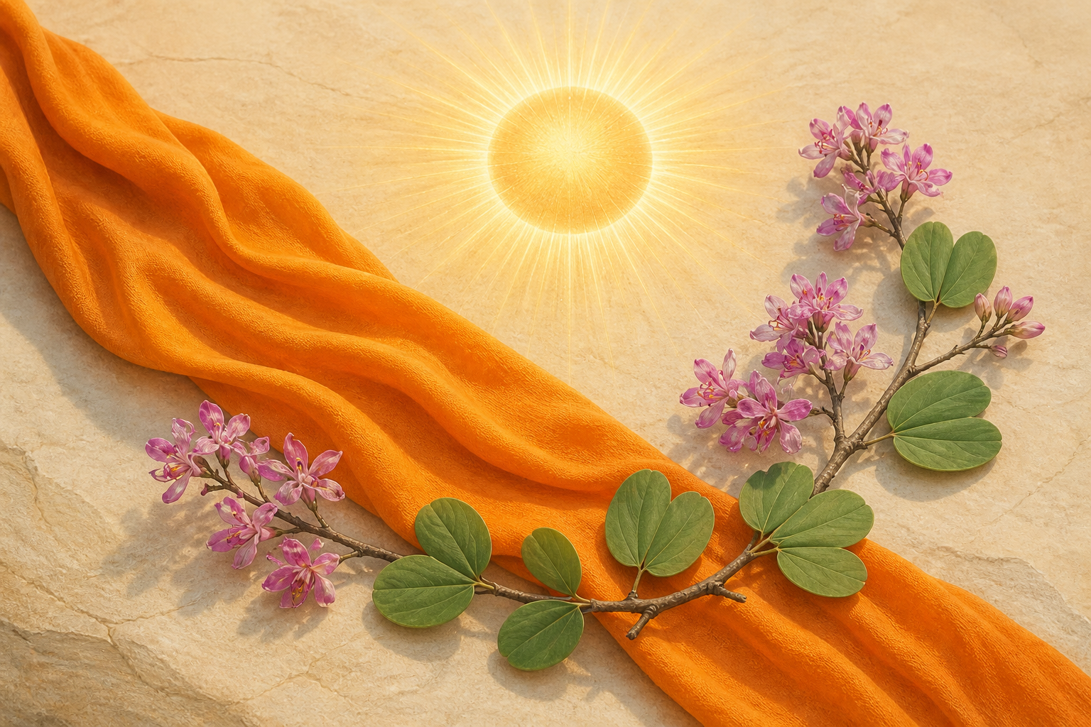 Saffron cloth, a golden sun disc and a flowering Kovidar branch are arranged together on pale sandstone.
