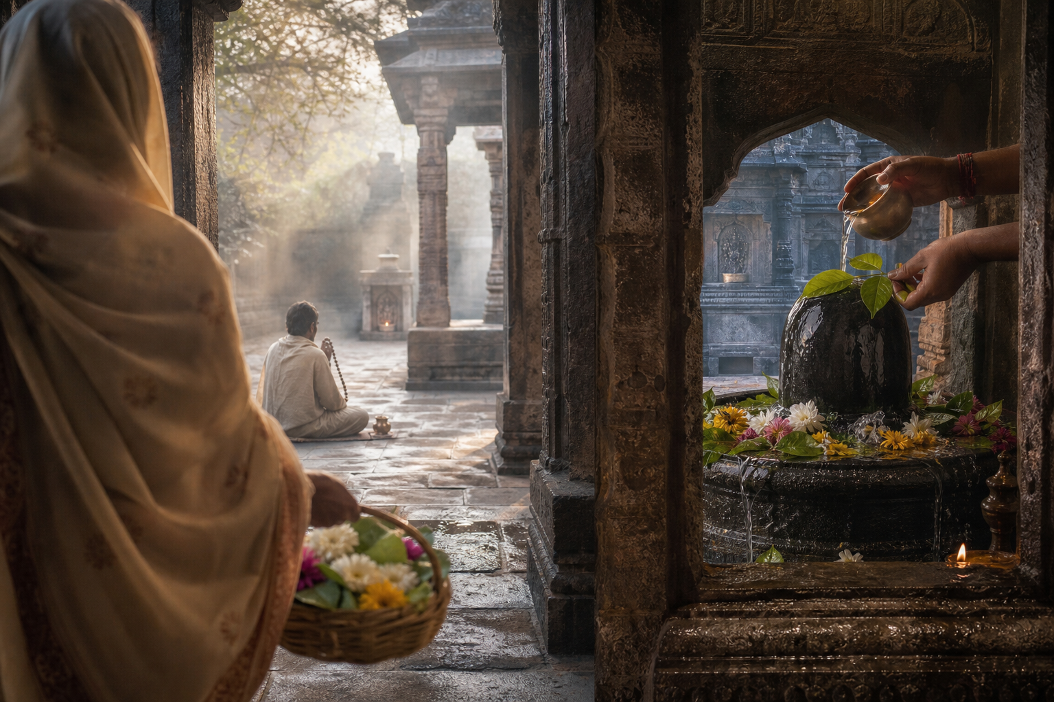 A pilgrim approaches a stone Shiva temple with flowers, worships with water and bilva leaves at the sanctum, and later sits in the courtyard with rudraksha beads.