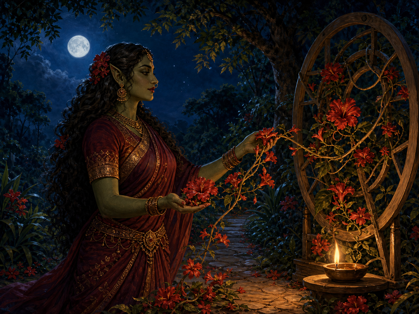 Surpanakha redirects a red flowering vine onto a wooden trellis beside a glowing oil lamp in a moonlit forest clearing.