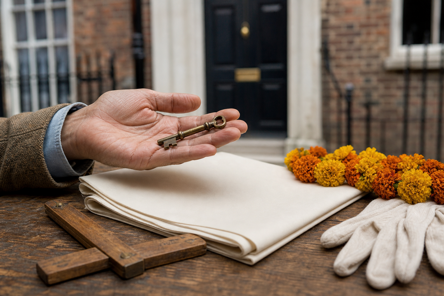 A brass key, flower garland, conservation gloves and unmarked building plans lie before a Georgian townhouse doorway.