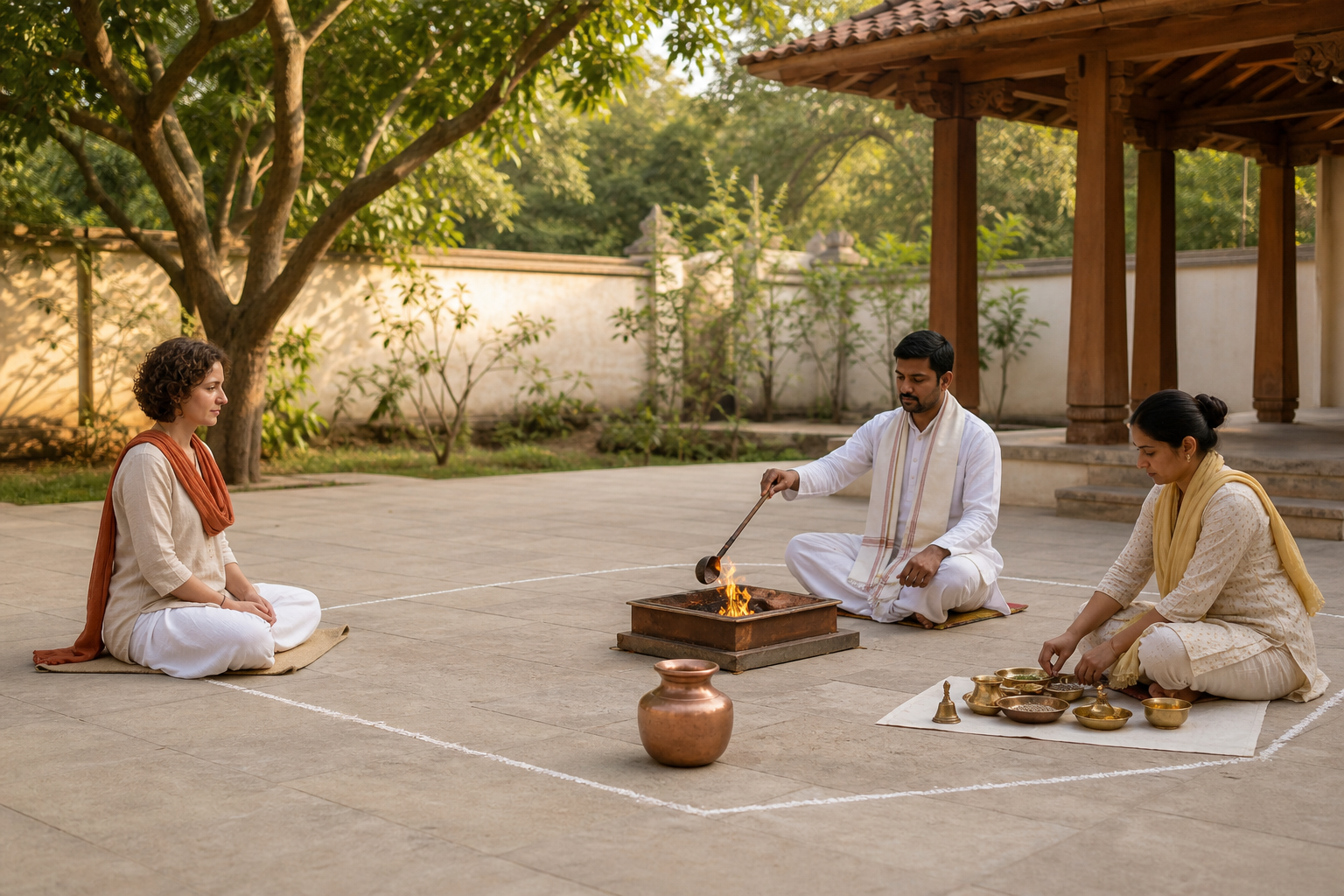 Participants maintain a clear distance as an officiant tends a small contained ritual fire with measured tools and neatly arranged offerings.