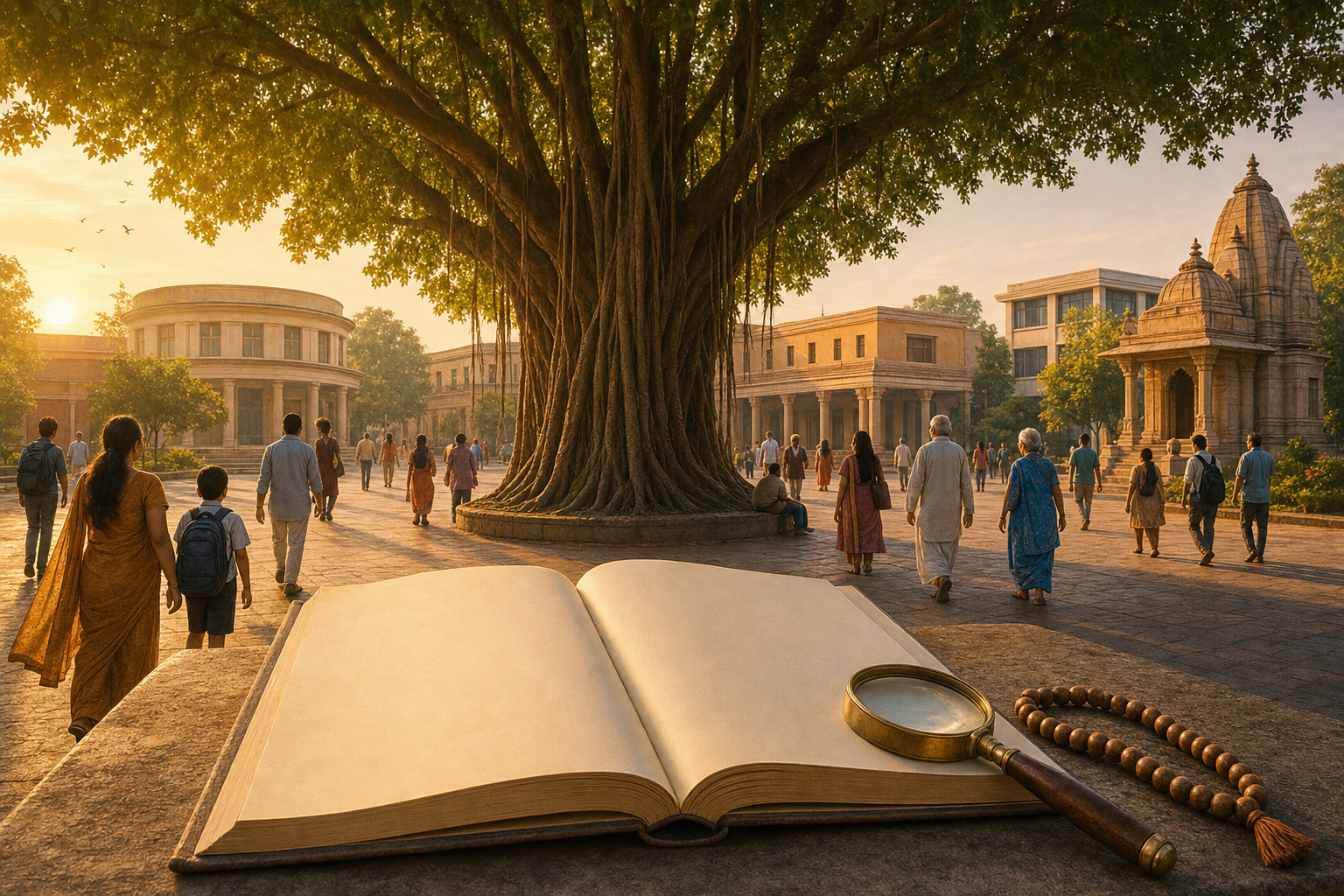 A blank census ledger and magnifying glass overlook an Indian civic courtyard with a banyan tree, citizens, a school, a library, a temple, and a civic hall.