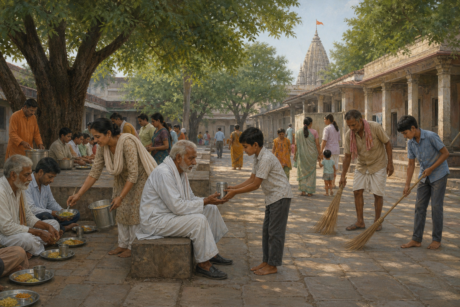 Residents serve food, offer water and clean a courtyard while a saffron flag flies above a distant temple shikhara.