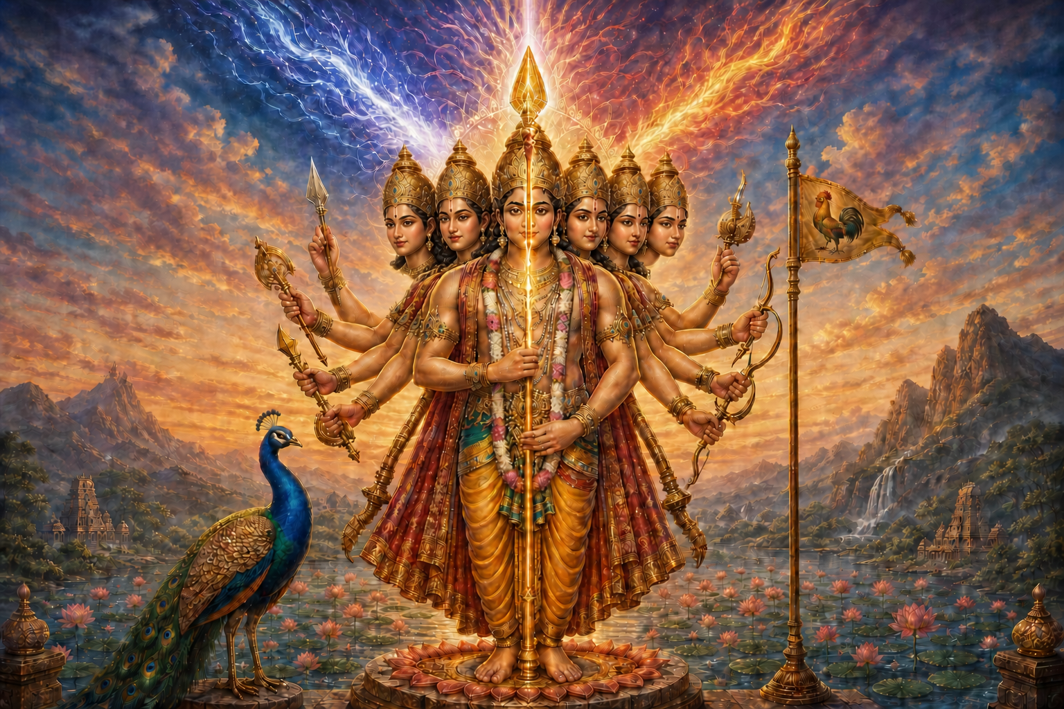 Six-faced Murugan stands with a glowing golden Vel and a peacock as indigo, rose-gold and amber streams of light converge behind him.
