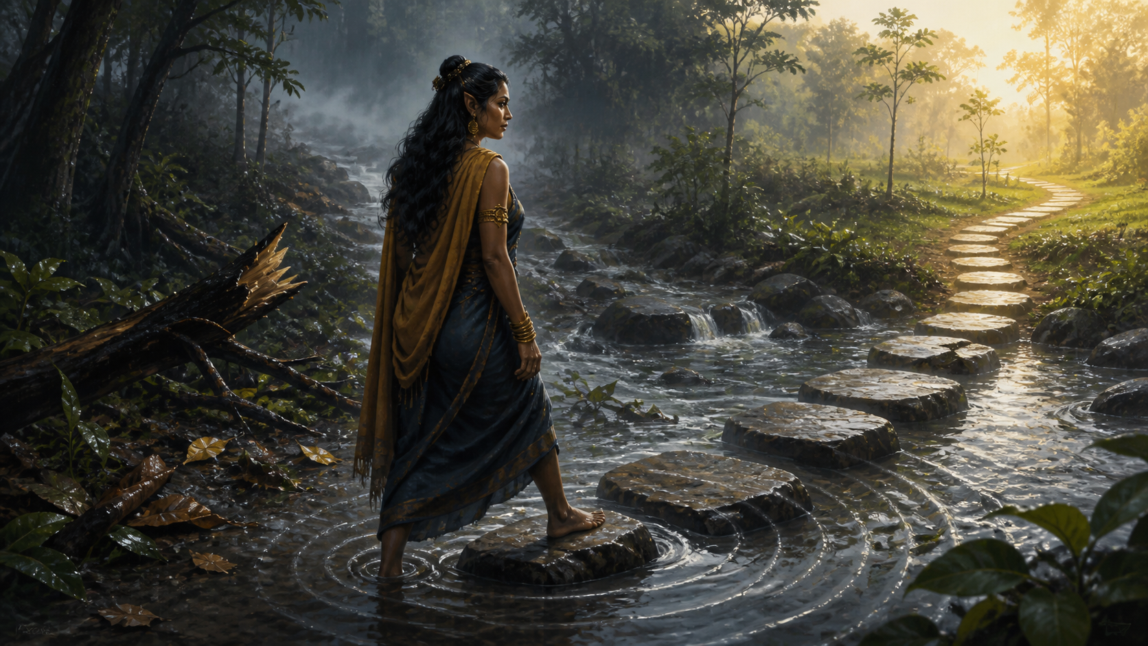 Surpanakha steps from a storm-damaged forest trail onto dry stones leading toward sunlight and young trees as ripples spread across the stream.