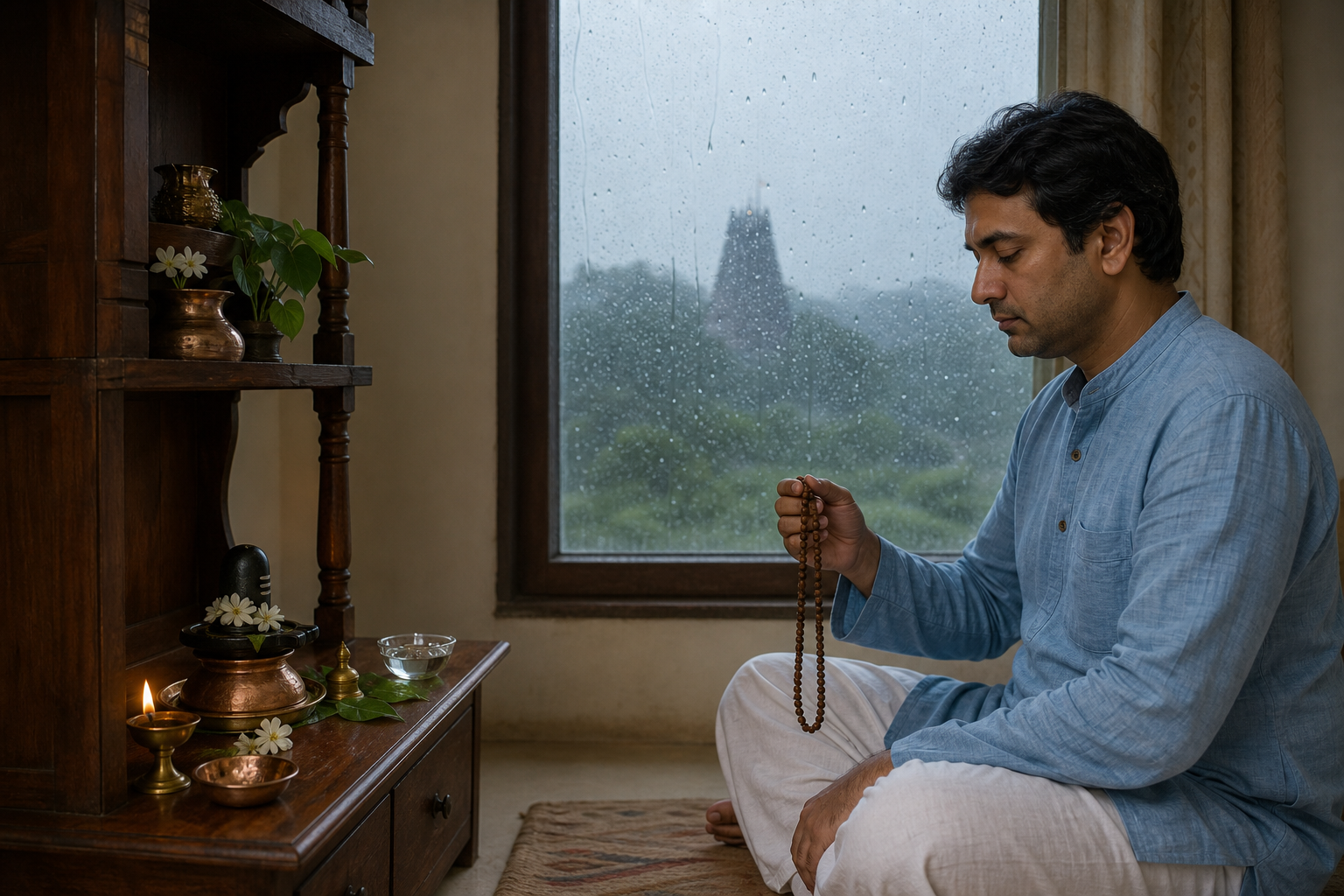 A devotee performs rudraksha japa beside a small home shrine with a Shiva lingam, diya, water, bilva leaves, and white flowers as rain falls outside.