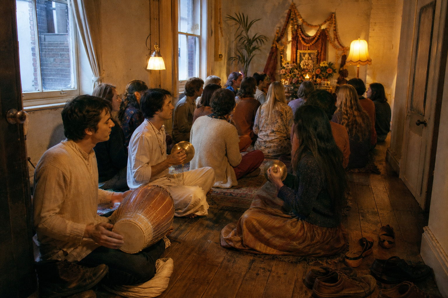 Devotees sit on the wooden floor of a modest London townhouse room with cymbals, a drum and a flower-decorated altar.