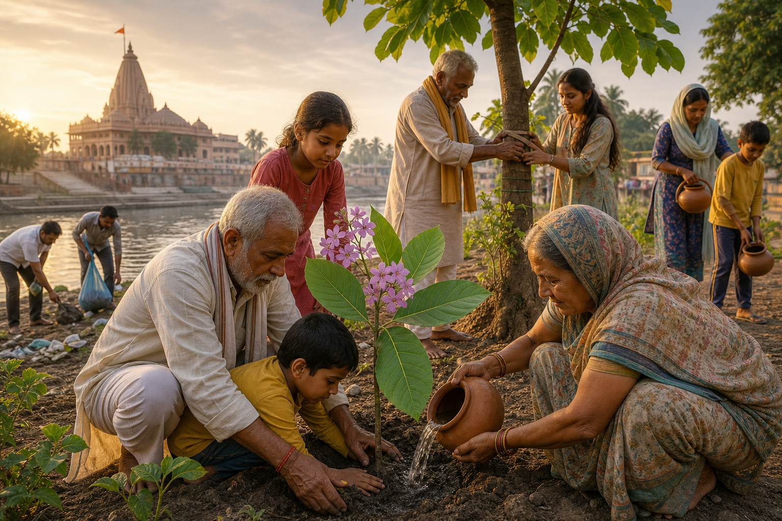 People of several ages plant and water a young flowering Kovidar tree near a clean riverbank, with a flagged temple in the distance.