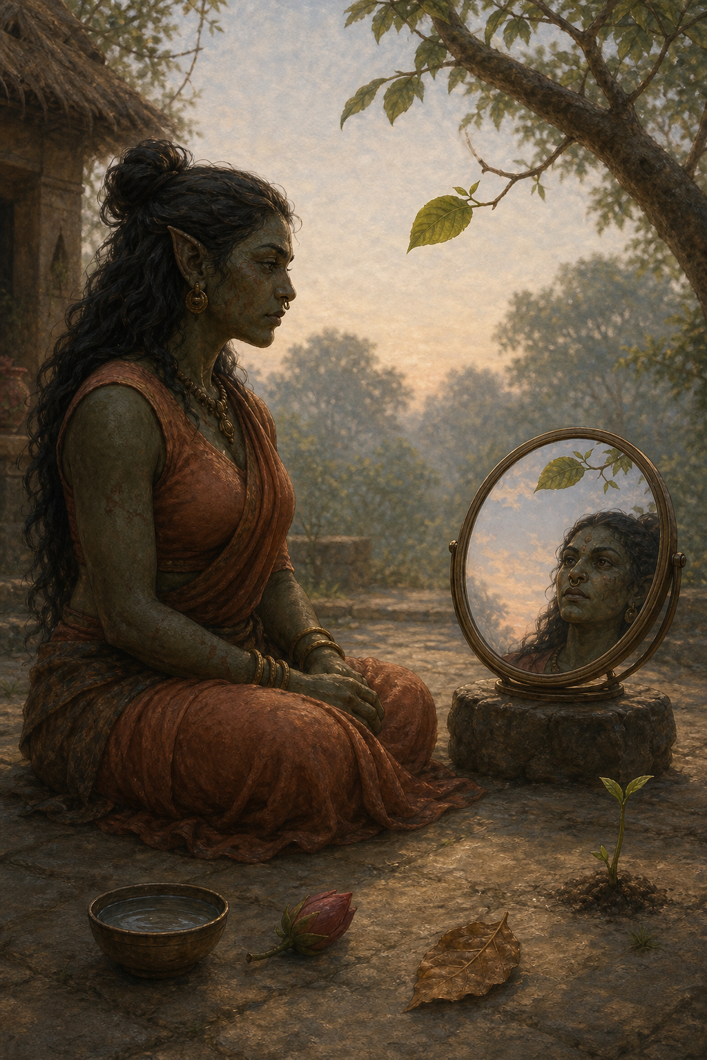 Surpanakha sits beside a bronze mirror that reflects her eyes, the sky, and a new leaf, with a flower bud, water bowl, fallen leaf, and seedling nearby.