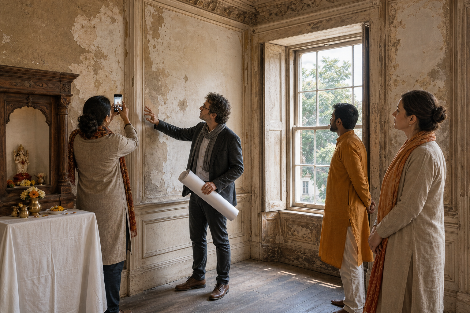 Conservation workers and temple volunteers inspect worn plaster, woodwork and a sash window inside a historic townhouse room.