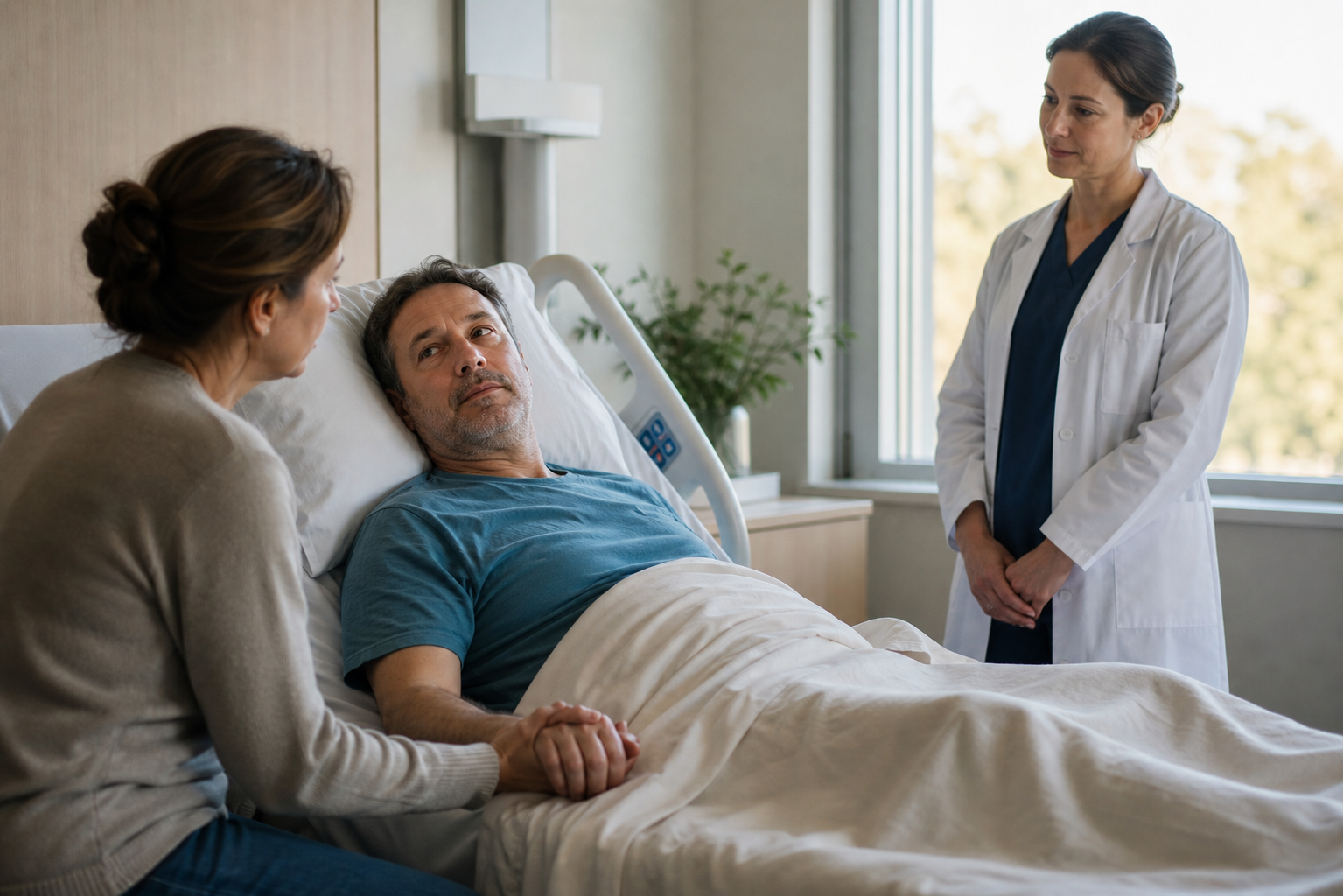 An adult patient lies awake in a hospital bed while a loved one holds their hand and a clinician observes nearby.