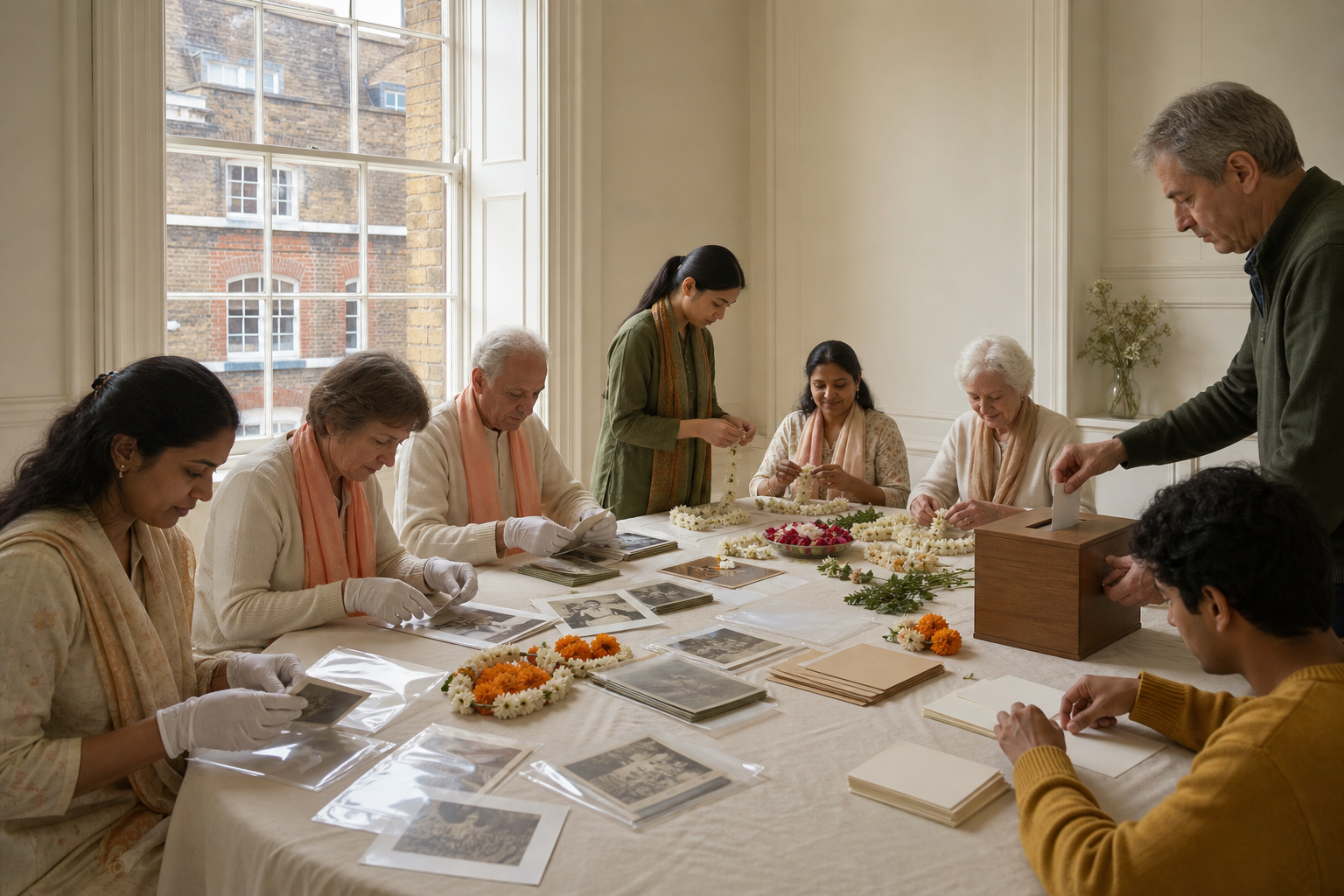 A multigenerational group sorts old photographs, prepares flower garlands and collects donations in a London meeting room.