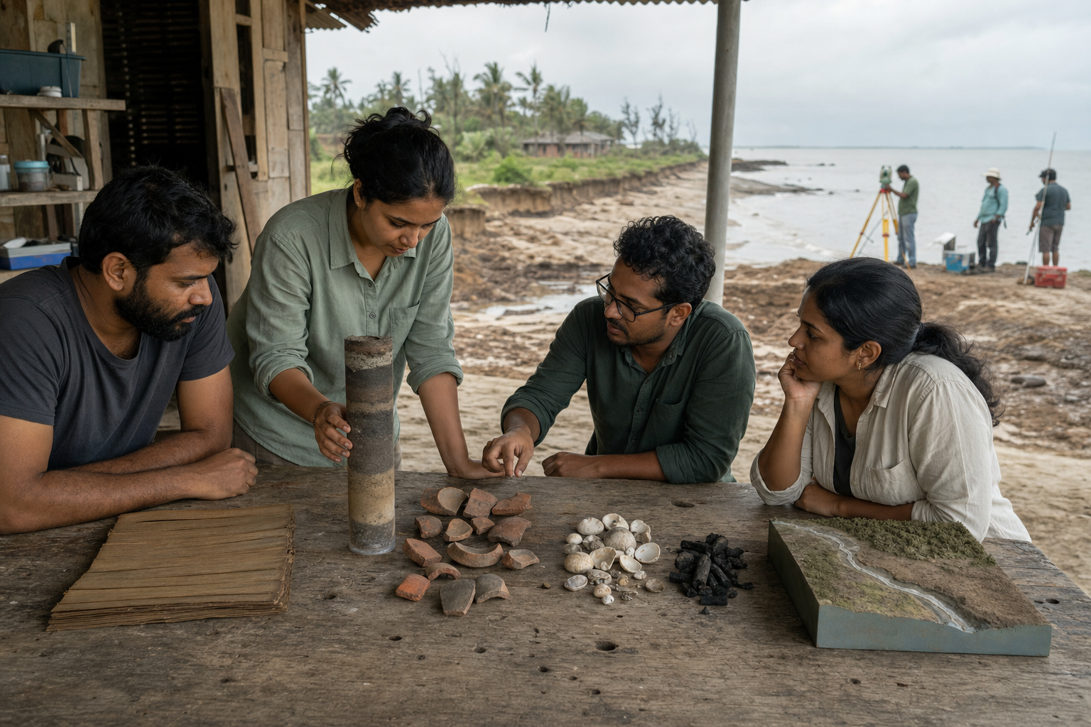 Researchers at a coastal field station compare a palm-leaf manuscript, sediment core, pottery, shells, charcoal, and a terrain model.