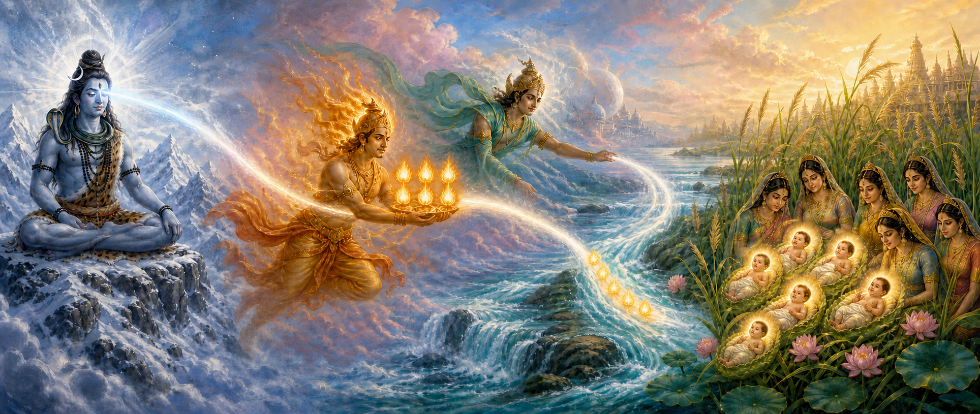 A continuous mythic scene shows light emerging from Shiva, six sparks carried by Agni and Vayu into Ganga, and six infants resting among the reeds of Saravana.