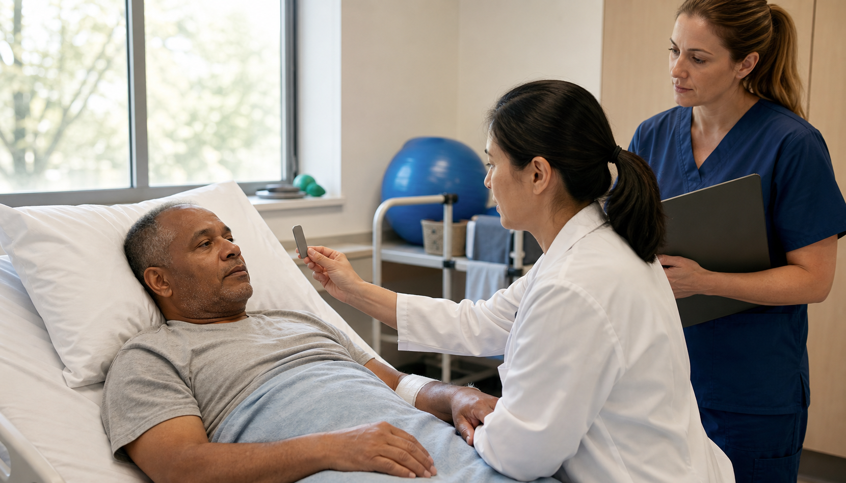 A neurologist presents an object during a bedside assessment as an awake patient and a second clinician are carefully observed.