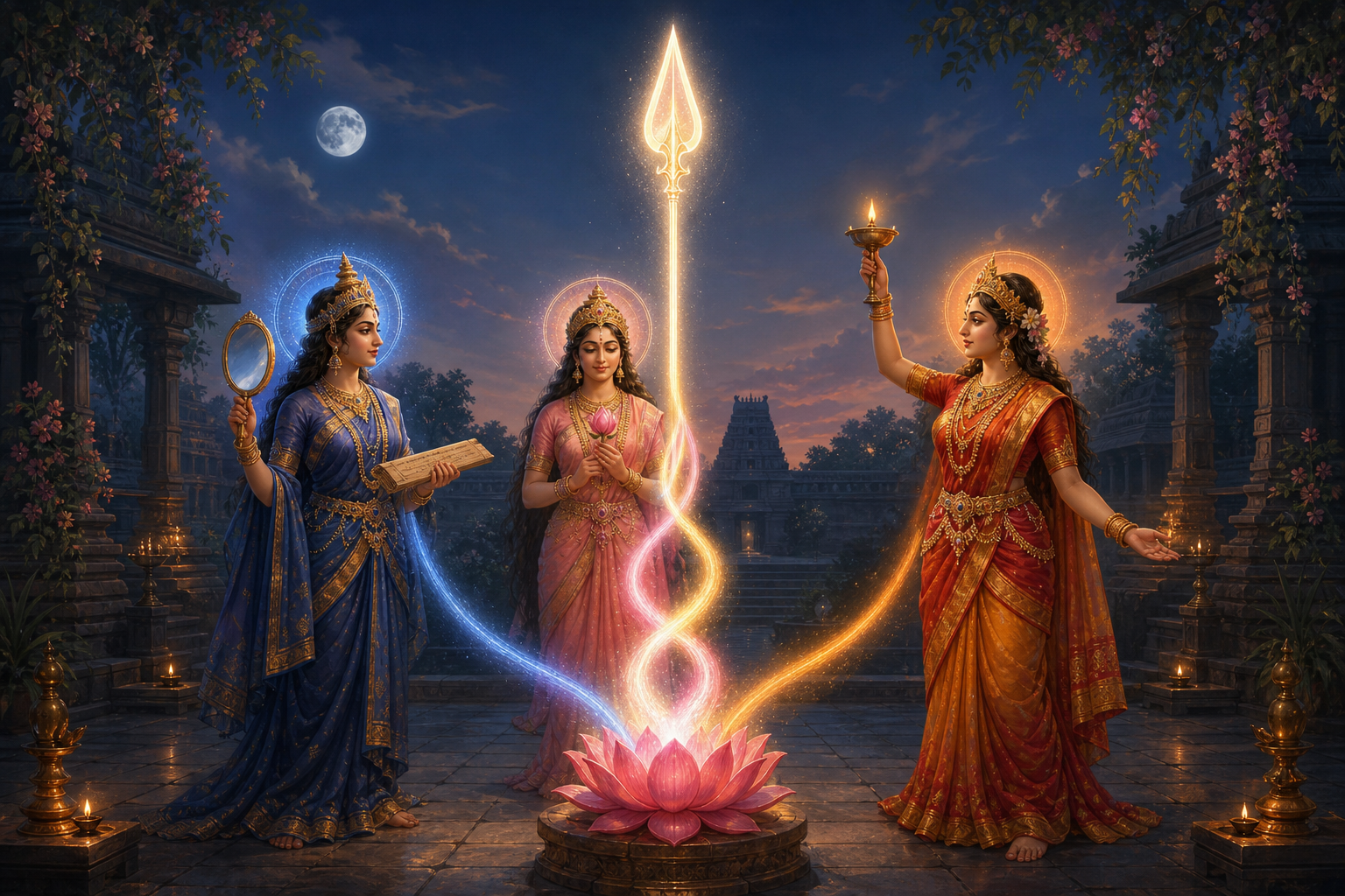 Three divine female figures in indigo, rose-gold and amber surround a lotus while their streams of light join to form a single radiant Vel.
