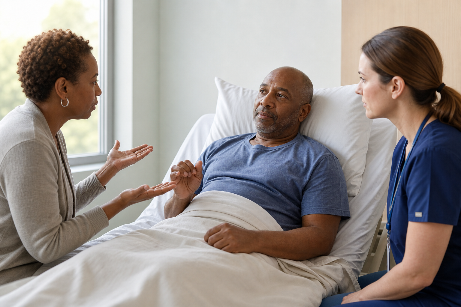 A family member and speech-language clinician watch for a consistent response from a patient during a calm bedside communication routine.