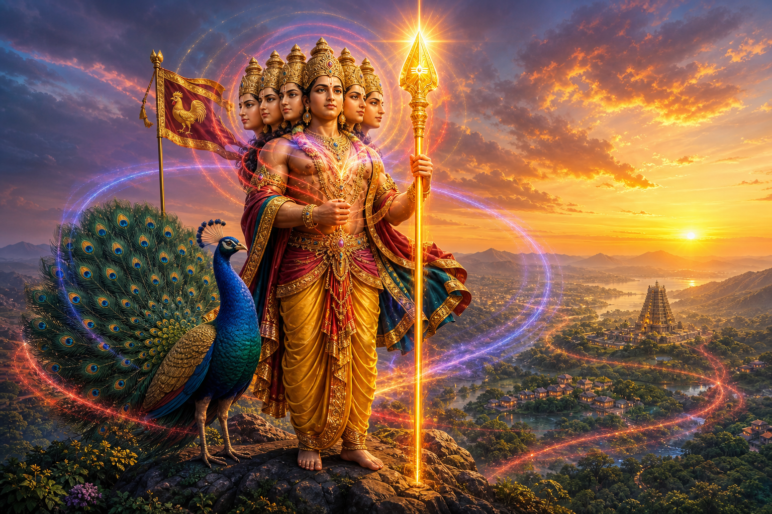 Six-faced Murugan holds a glowing Vel beside a peacock on a hill as colored light spreads from him across villages, forests and a distant temple.