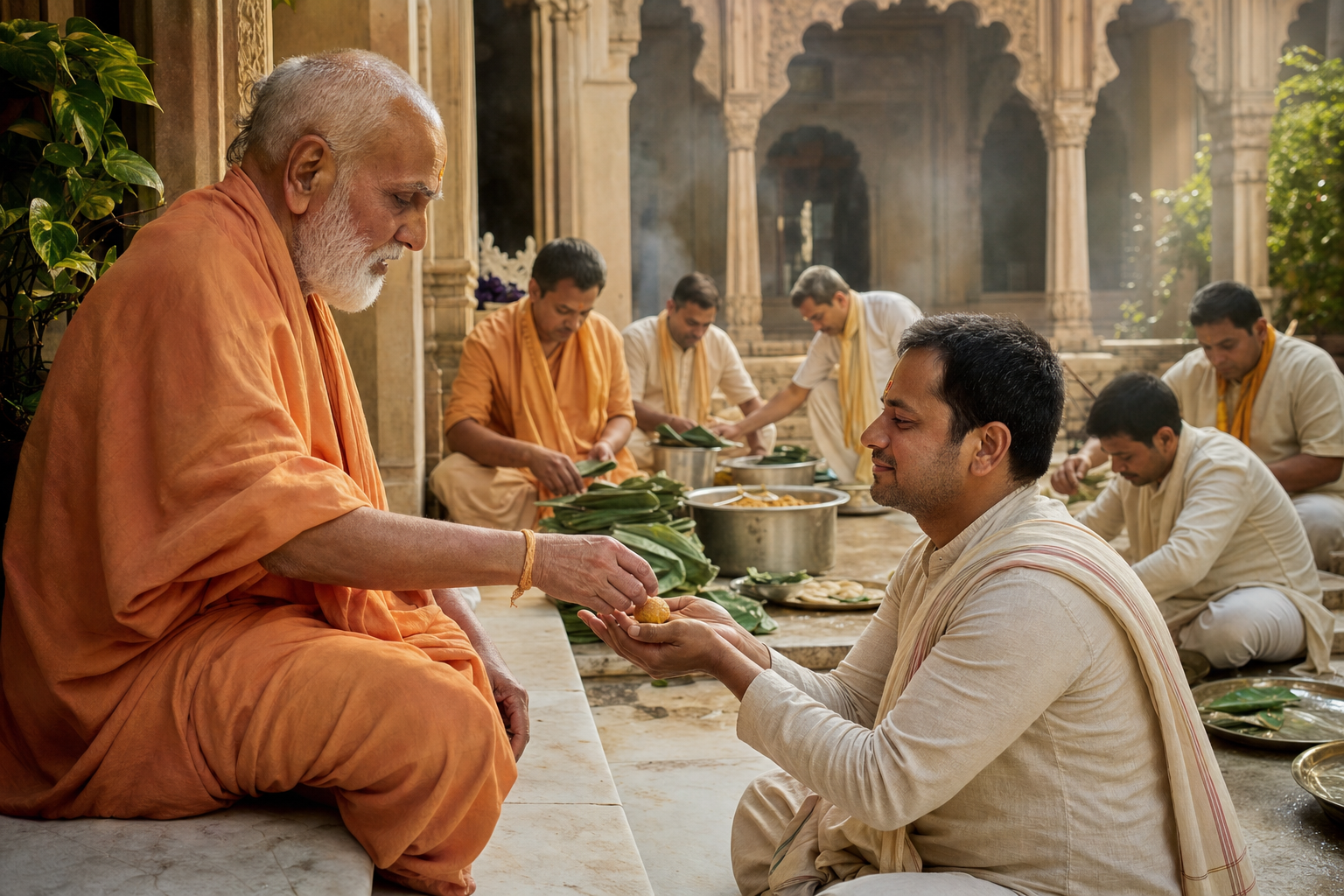A spiritual teacher gives a small sweet to a kneeling devotee while other devotees prepare a communal meal in a sunlit temple courtyard.
