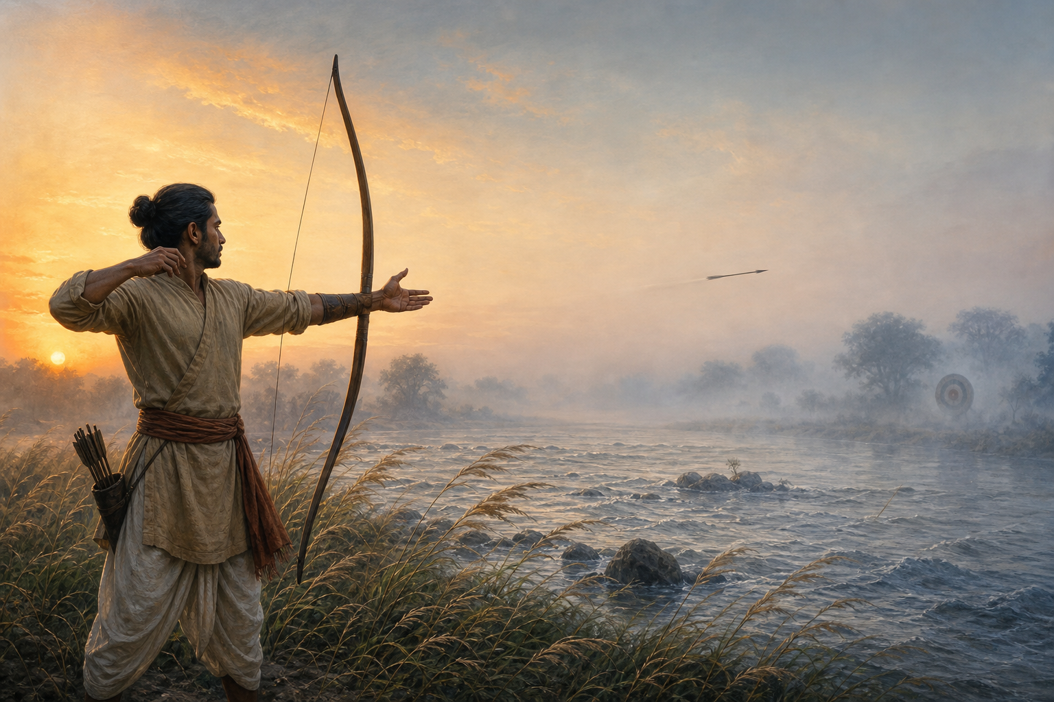 An archer relaxes an open hand after releasing an arrow toward a distant target across a misty riverbank at sunrise.