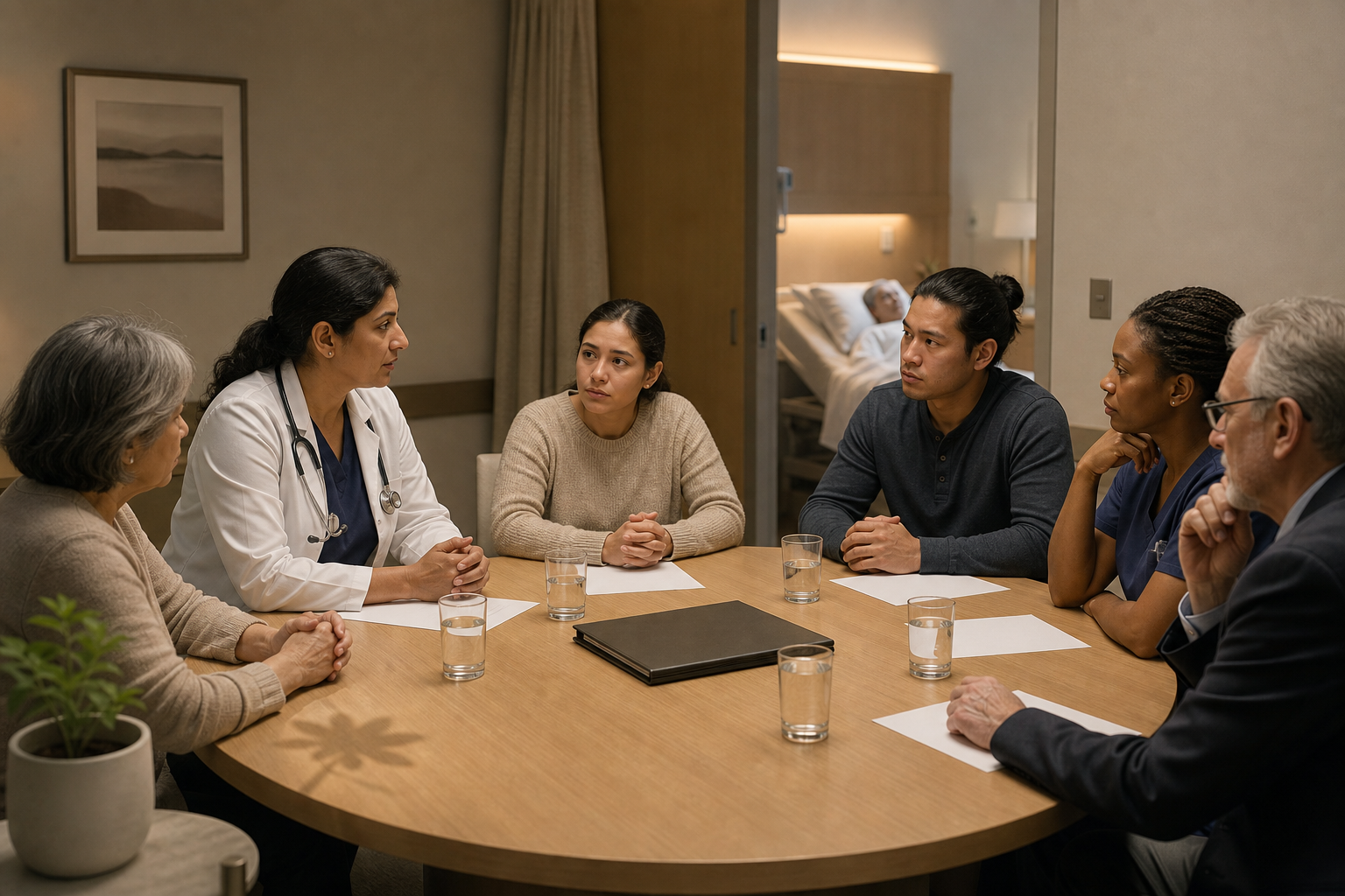 Family members, clinicians, and an ethics professional hold a goals-of-care meeting near a patient's hospital room.