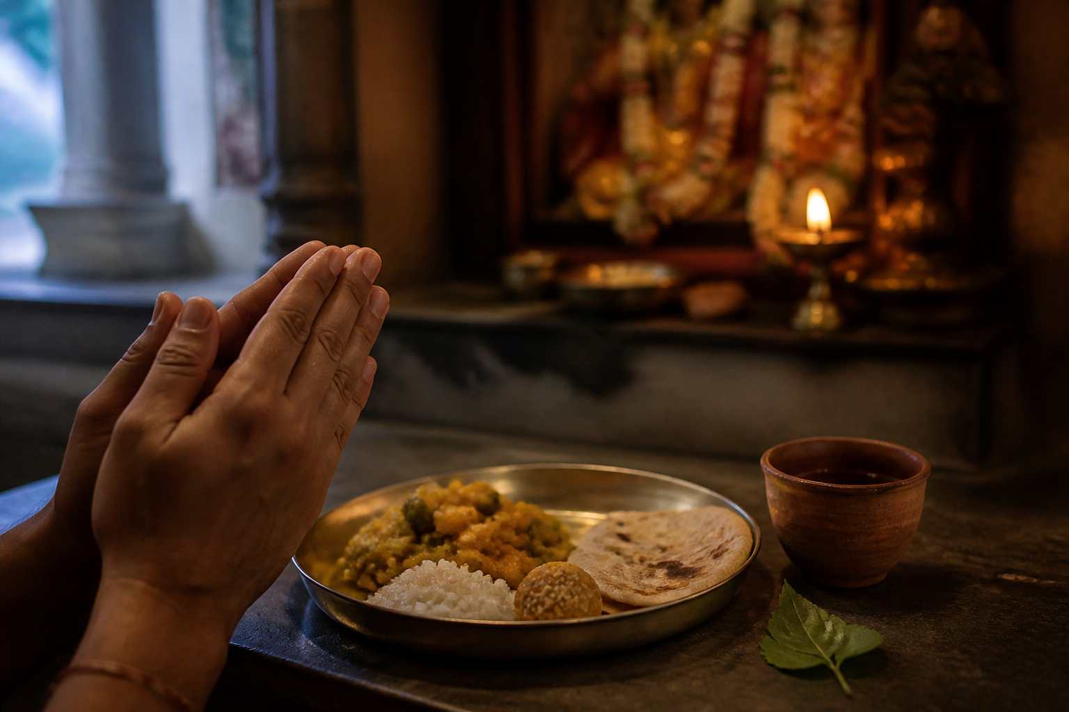 Hands are joined in gratitude before a simple plate of prasadam near a softly lit temple altar.