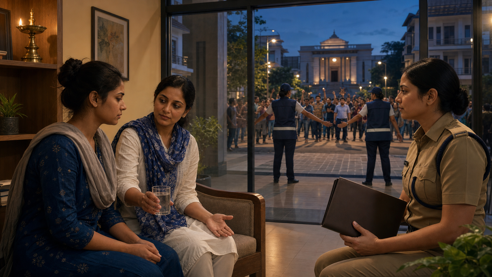 A South Asian woman stands with a female legal-aid volunteer and a woman police officer inside a lit support center while community stewards hold a gathering back outside.