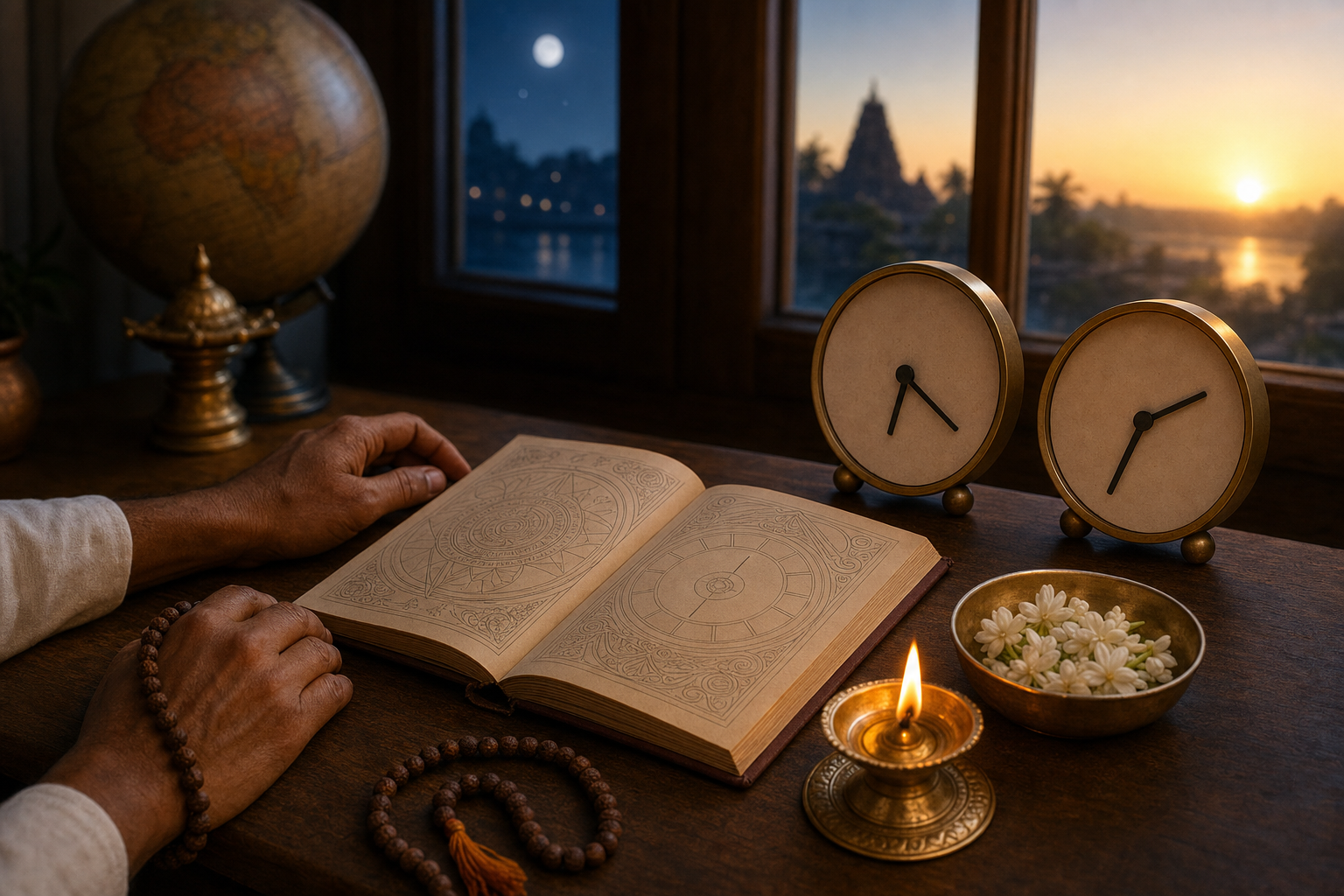 Hands beside a diya, prayer beads, an open almanac, two analog clocks and a globe in a home prayer-planning setting.
