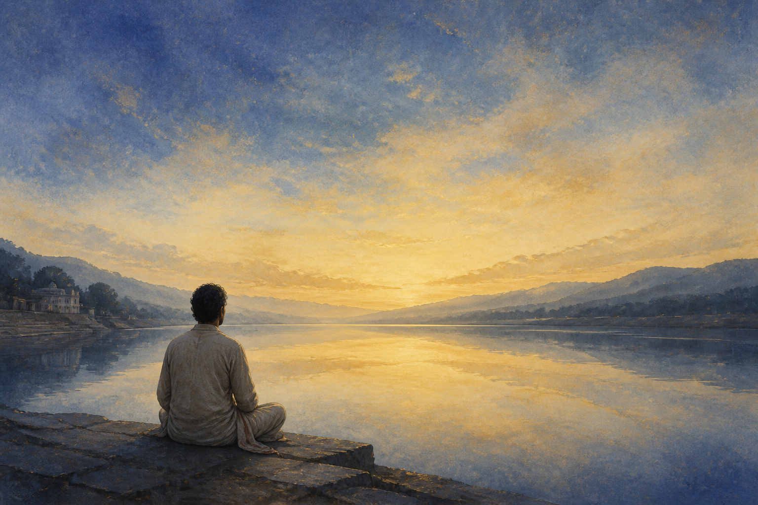 A seated practitioner faces a still river at sunrise as the figure, reflection, hills, and sky blend into one continuous field of indigo and gold.