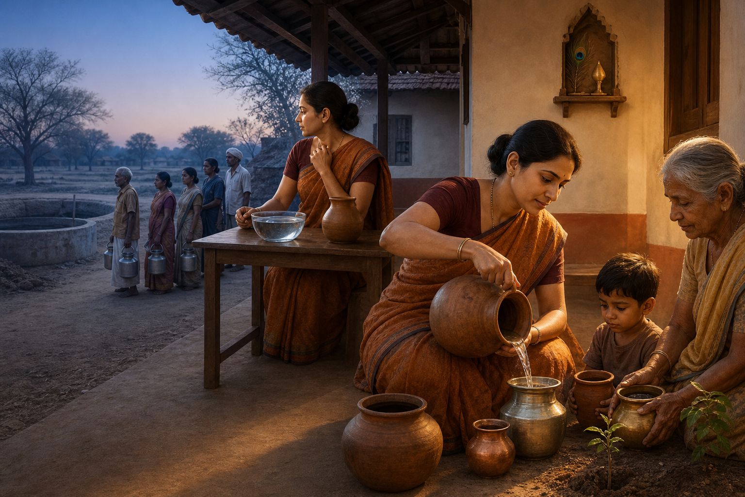 A woman observes a low village well, reflects beside a bowl of water and then distributes measured water to an elder, a child and a young tree.