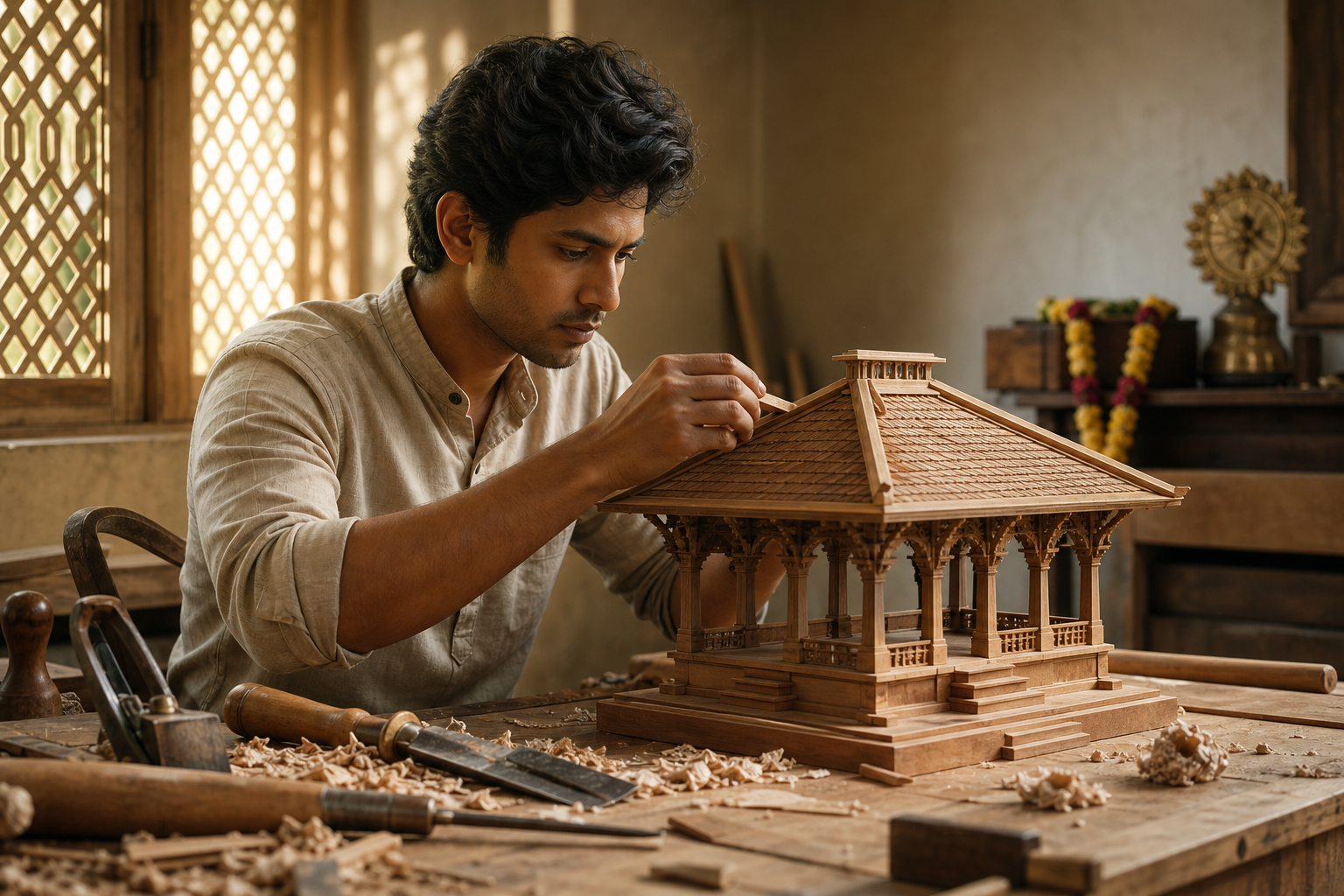 A craftsperson concentrates on fitting a piece into a wooden architectural model while a garland and award-like object sit out of focus nearby.