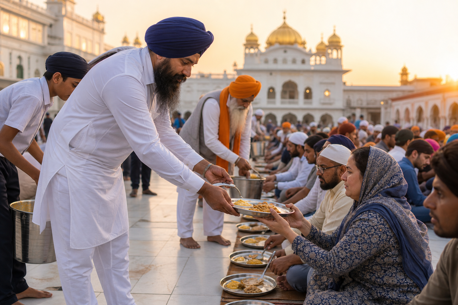 Sikh volunteers serve a langar meal to a diverse group of guests seated together in a gurdwara courtyard.