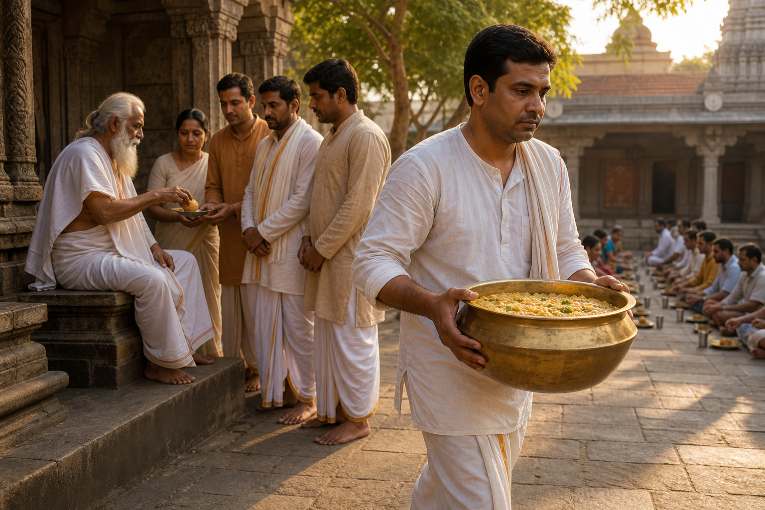 A devotee carries a brass food vessel to serve a communal meal while a spiritual teacher distributes sweets in the background.